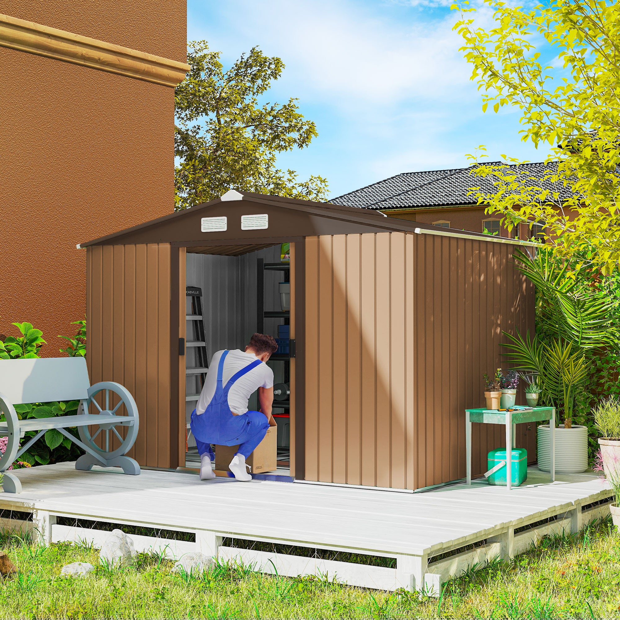 9' x 6' Outdoor Storage Shed, Garden Tool Metal Shed with Foundation Kit, Double Lockable Door, Air Vents and Sloping Roof, for Backyard, Patio, Lawn