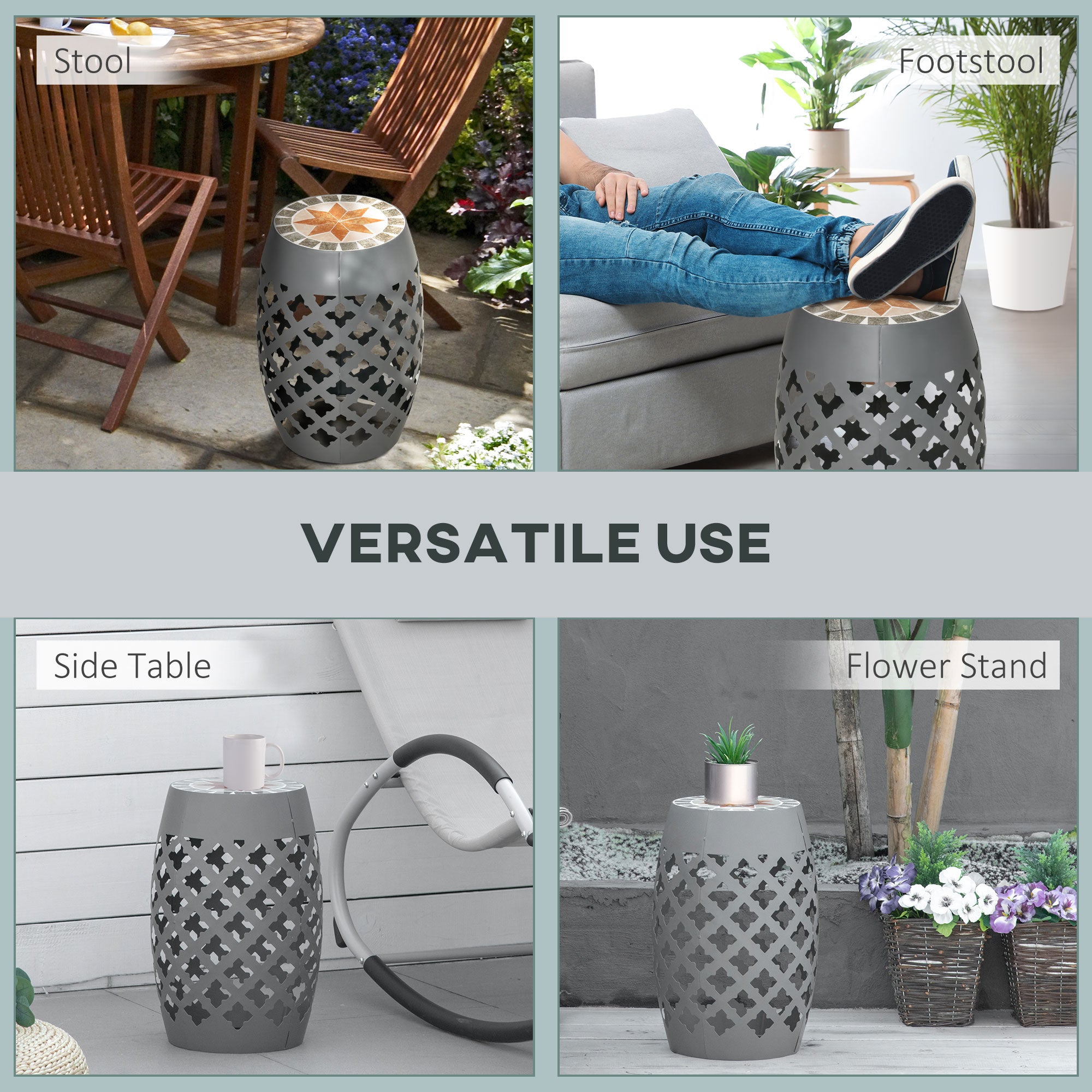 Decorative Outdoor Stool, 12" Round Patio Side Table, Mosaic Accent Plant Stand for Garden, Balcony