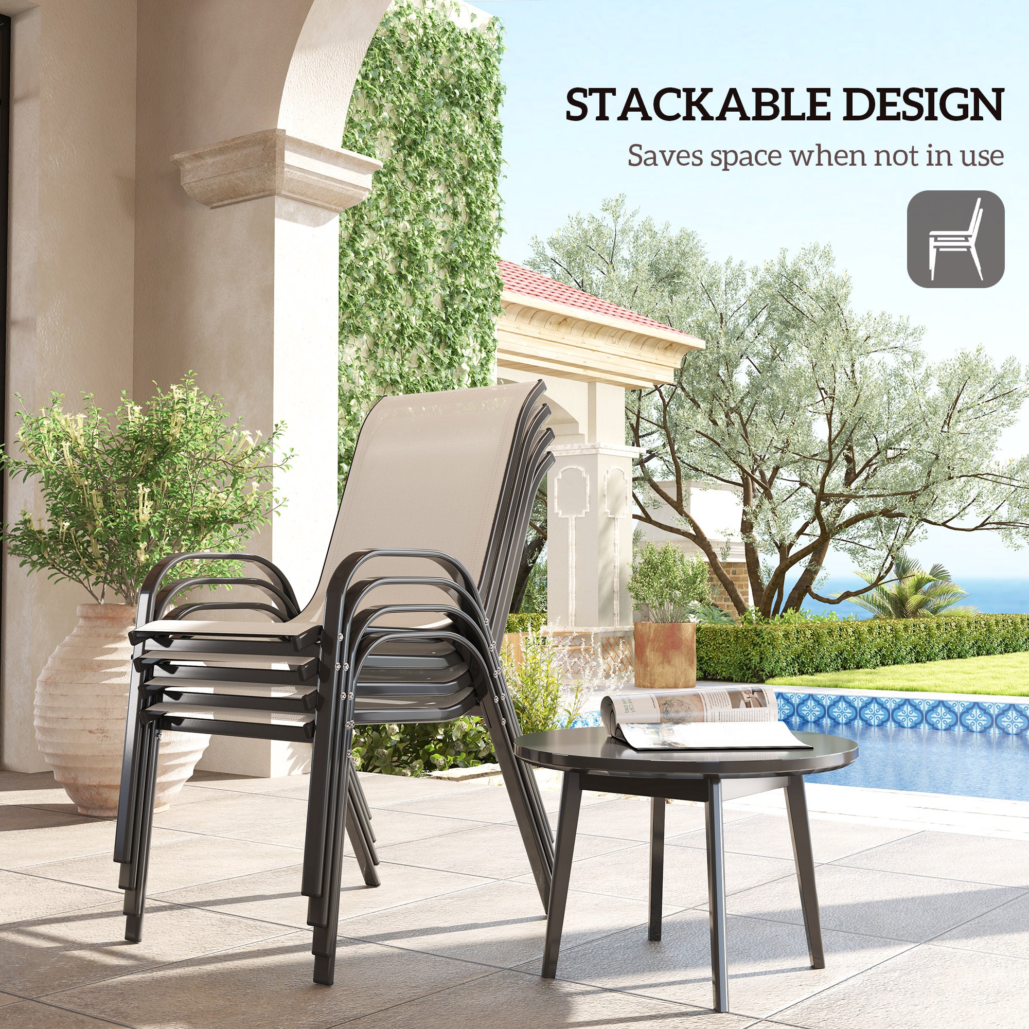 Set of 4 Outdoor Dining Chairs, Stackable Patio Chairs with High Back, Breathable Mesh Seat for Garden Lawn