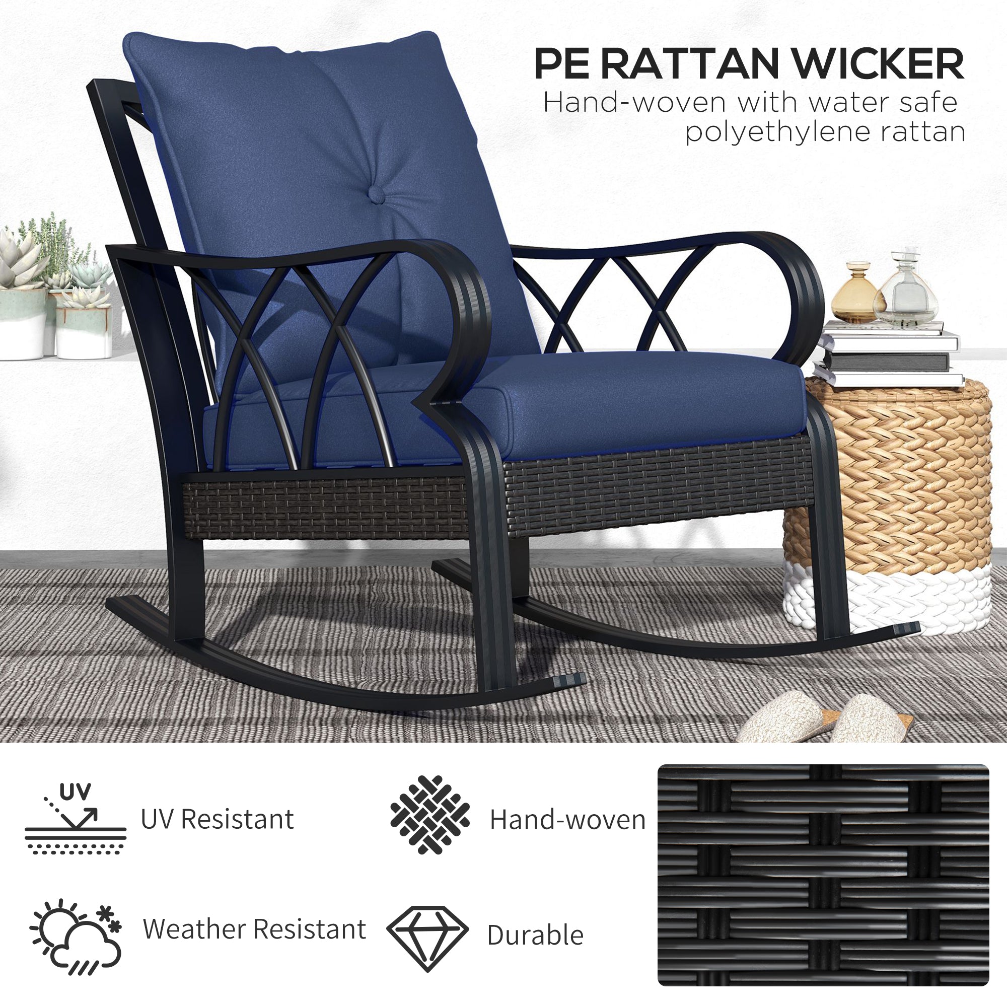 2 Piece Outdoor Wicker Rocking Chairs Rattan Porch Rockers with Cushions, Aluminum Frame for Garden, Patio, Blue