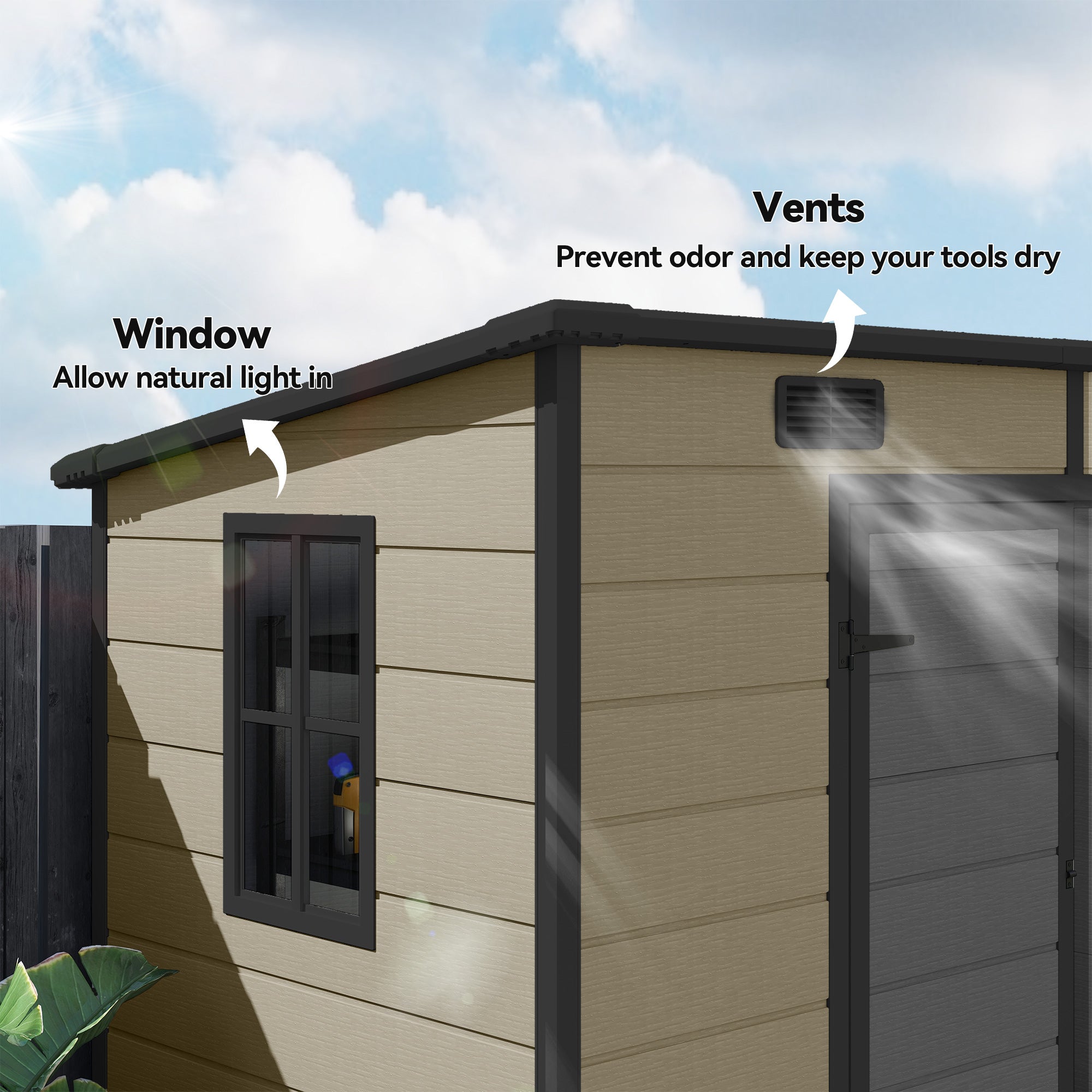 8' x 4' Plastic Outdoor Storage Shed with Floor, Window, Lockable Doors and Vents for Backyard Patio Lawn