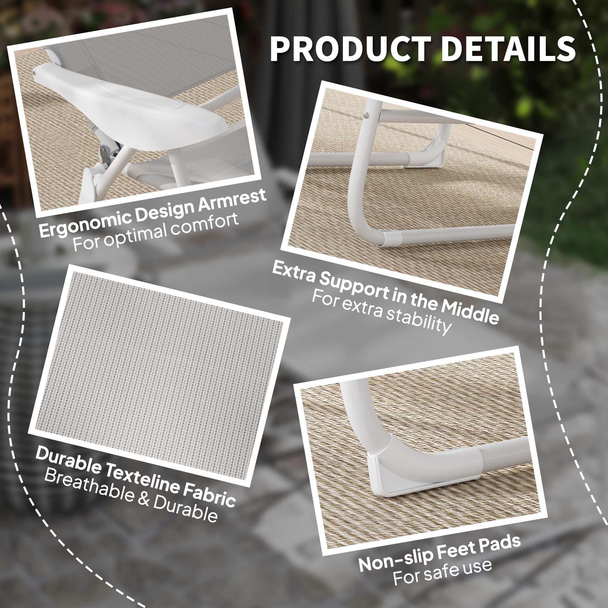 Folding Chaise Lounge, Outdoor Sun Tanning Chair, 4-Position Reclining Back, Armrests, Removable Pillow, Light Gray