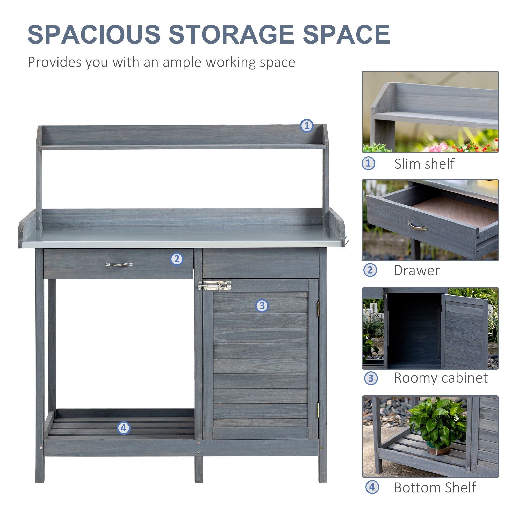 Outdoor Potting Bench Table, Garden Work Station with Storage Cabinet, Open Shelf and Steel Tabletop, Gray