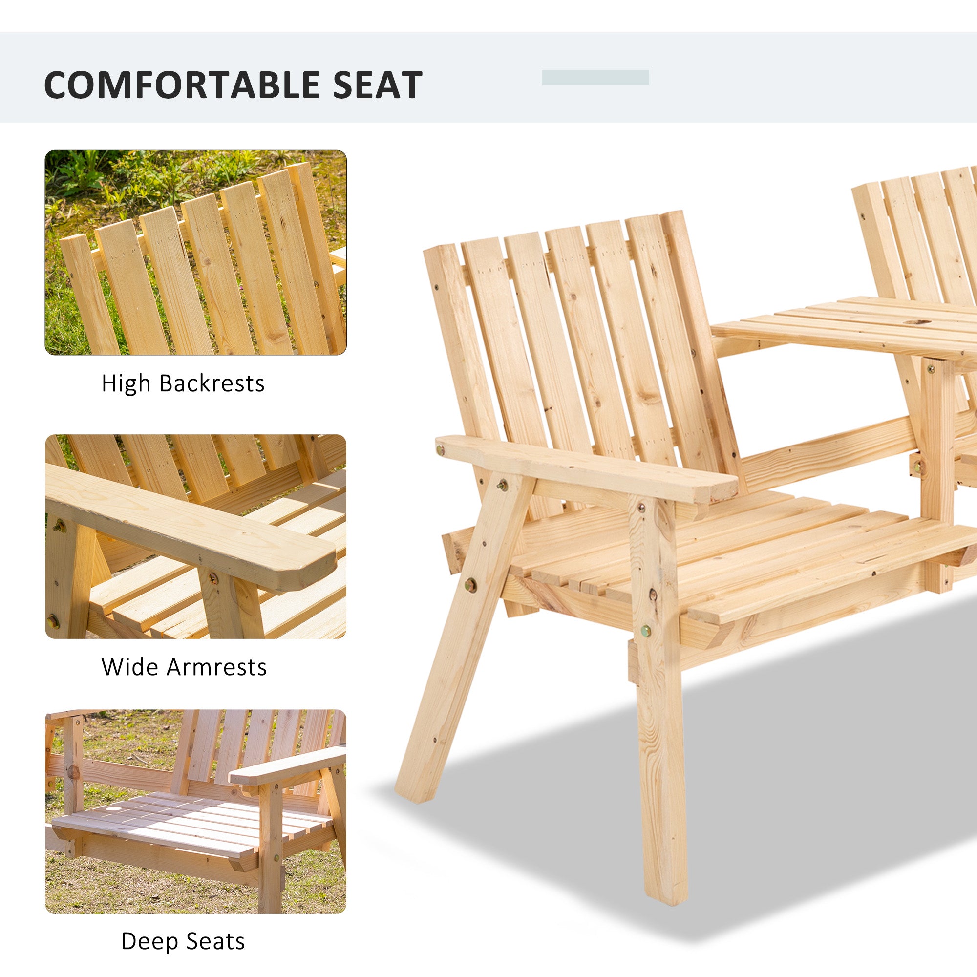 Patio Bench, Garden Bench with Middle Table and Umbrella Hole, Wooden Outdoor Bench for Patio, Porch, Poolside, Balcony