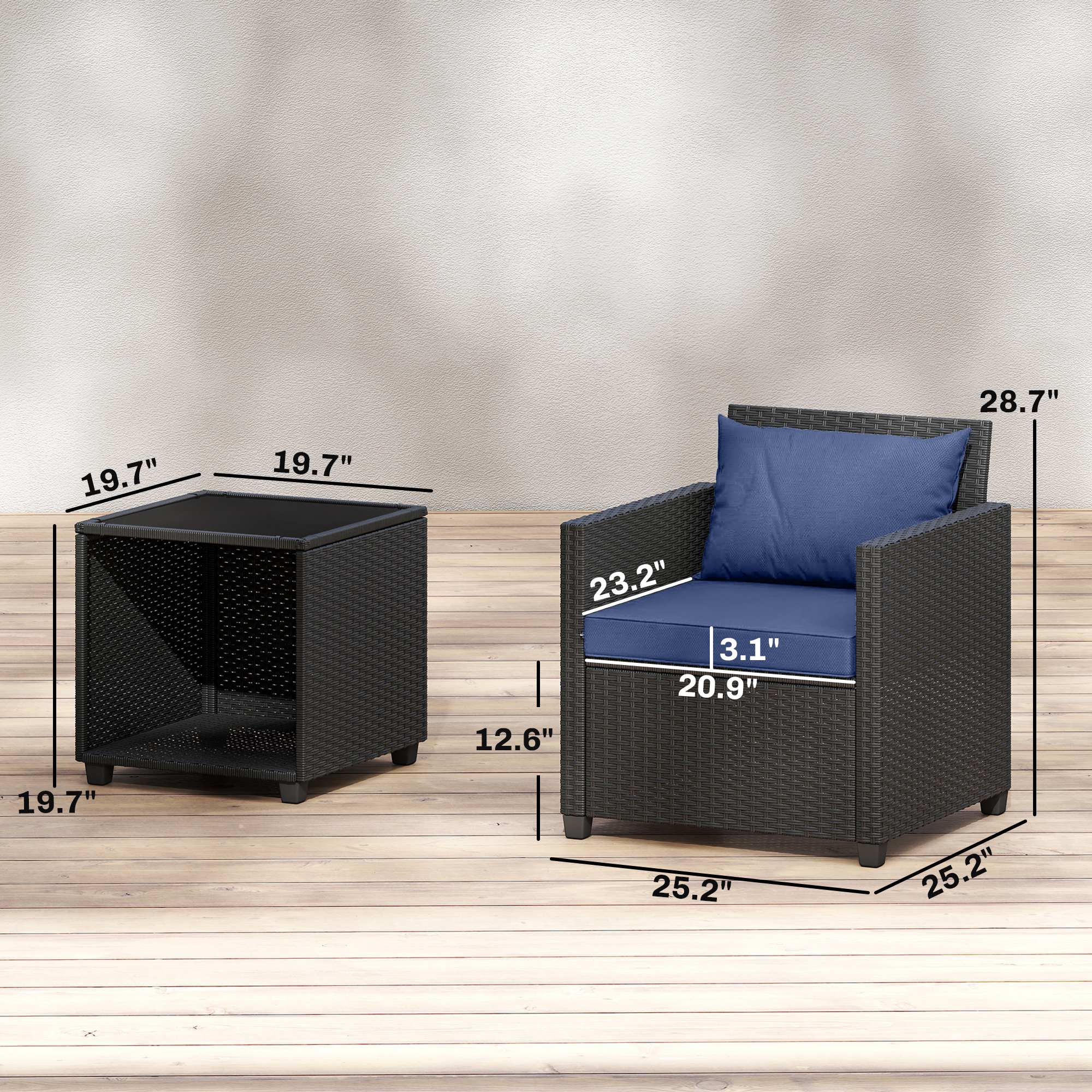 3 Piece Patio Bistro Set, Wicker Furniture Set with Thick Cushions, Glass Coffee Table and Chairs for Garden