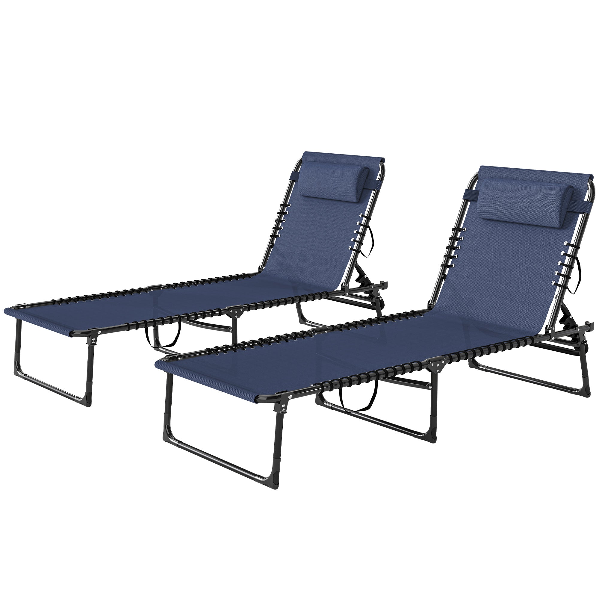 2 Folding Chaise Lounge Pool Chairs with 4-Position Reclining Back, Pillow, Breathable Mesh & Bungee Seat