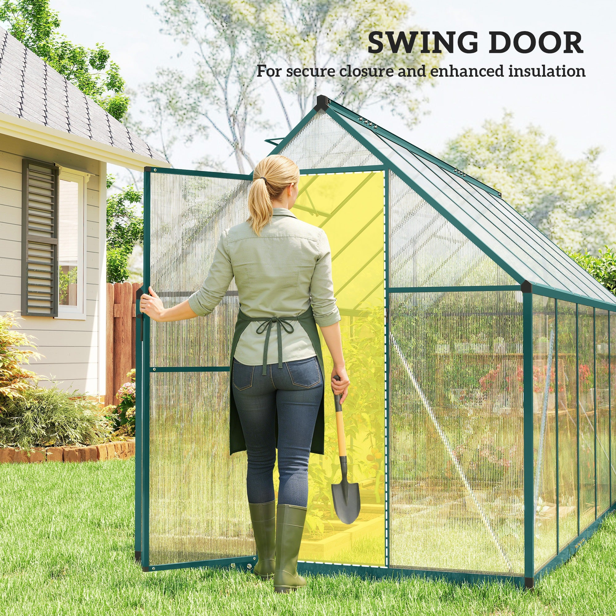 Polycarbonate Greenhouse with Swing Door and Two Adjustable Roof Vents, Aluminum Walk-in Greenhouse, 11x6 ft