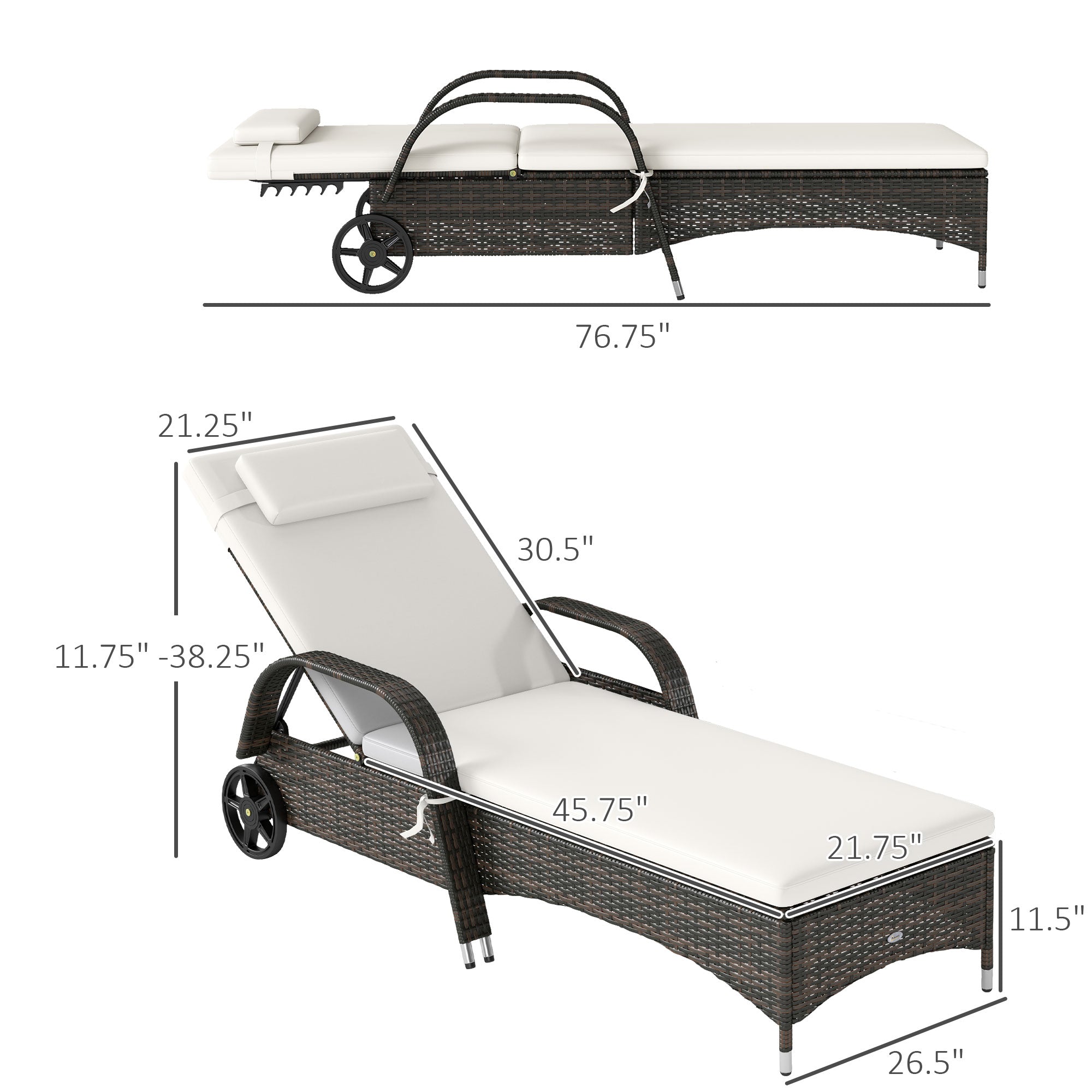2 Reclining Chaise Lounge Chairs, Rolling Outdoor Chairs with Cushion, Pillow, Headrest, Armrests, and Wheels