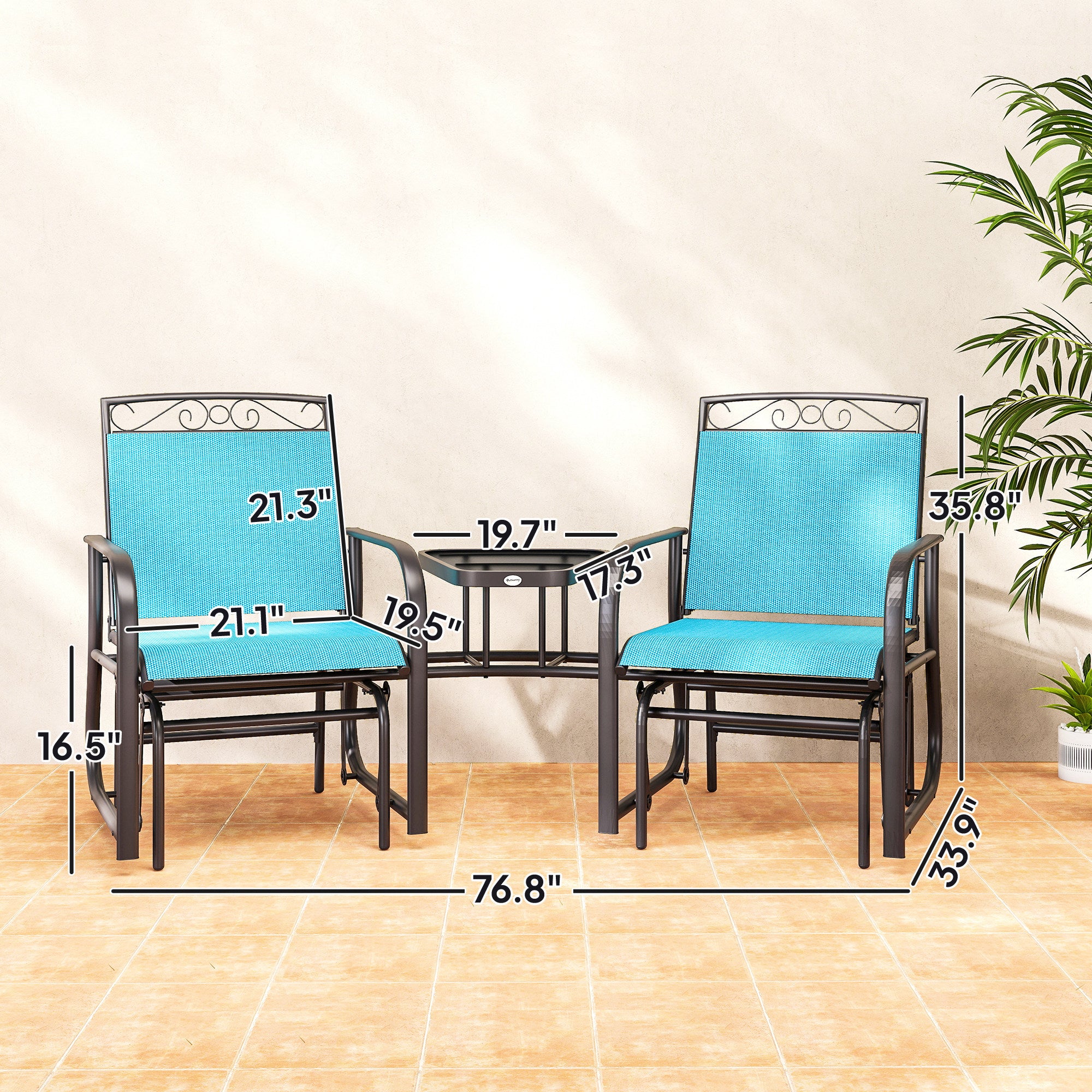Outdoor Glider Chairs with Coffee Table, Patio 2-Seat Rocking Chair Swing with Breathable Sling for Backyard
