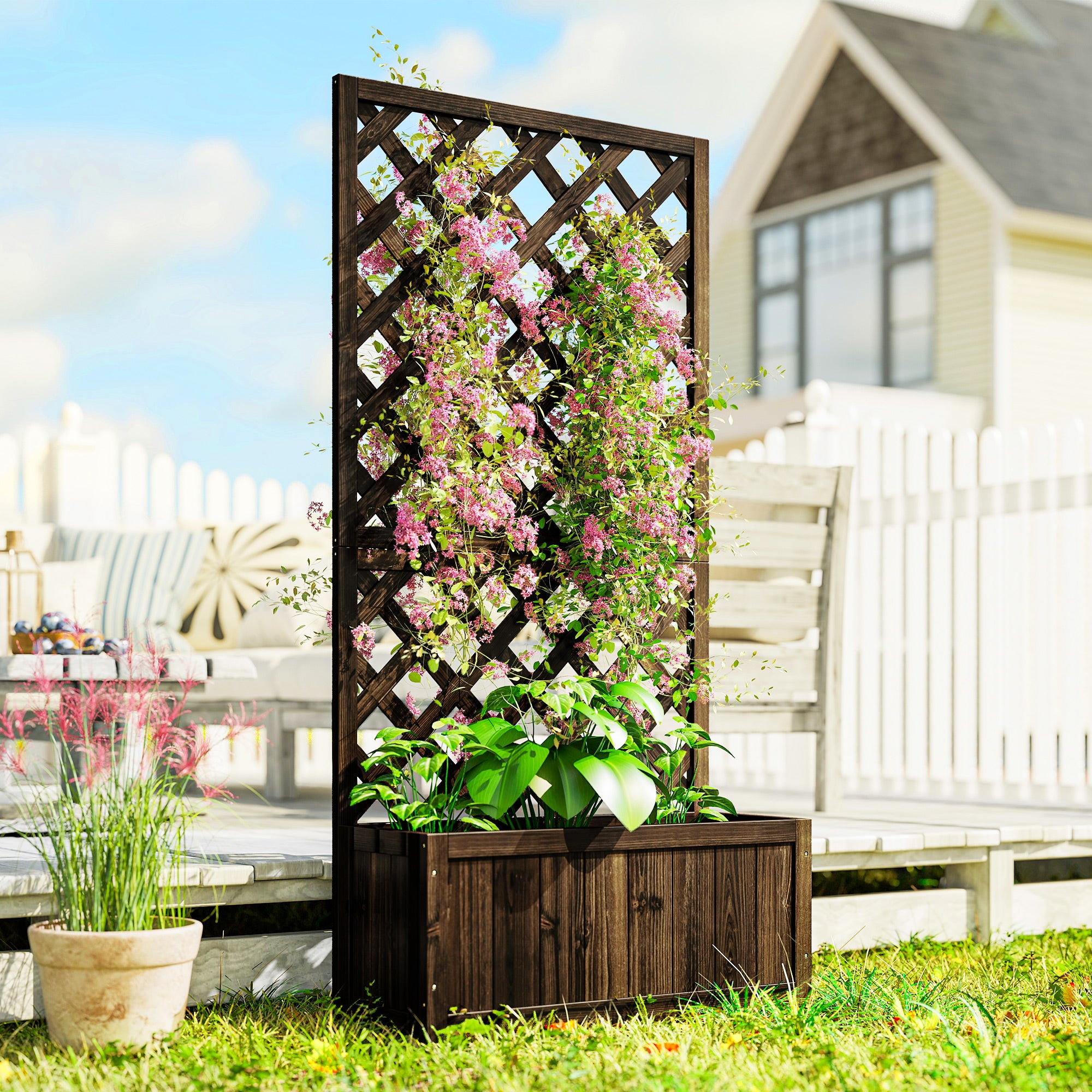 Wooden Raised Garden Bed, Raised Planter Box, Planter with Trellis for Climbing Plants Flowers