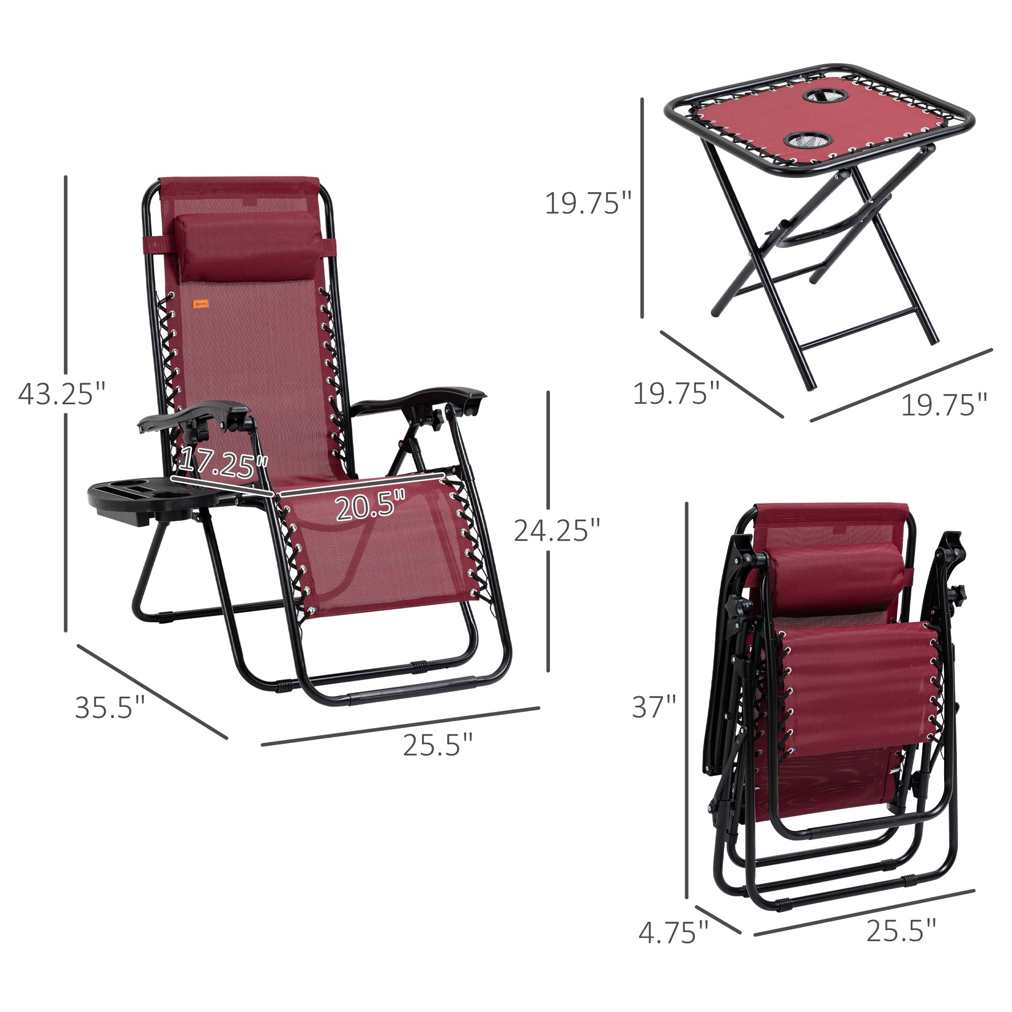Zero Gravity Chair Set with Side Table, Folding Reclining Chair with Cupholders & Pillows, Adjustable Lounge Chairs for Pool, Backyard, Lawn, Beach