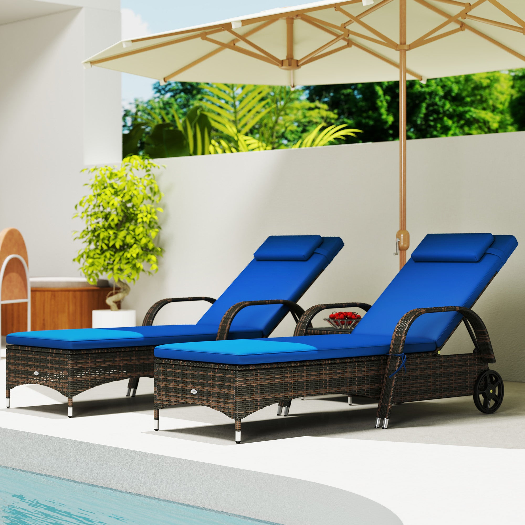 Patio Wicker Chaise Lounge Chair Set of 2 with Table, Adjustable Backrest, Wheels, Cushion & Headrest, Blue