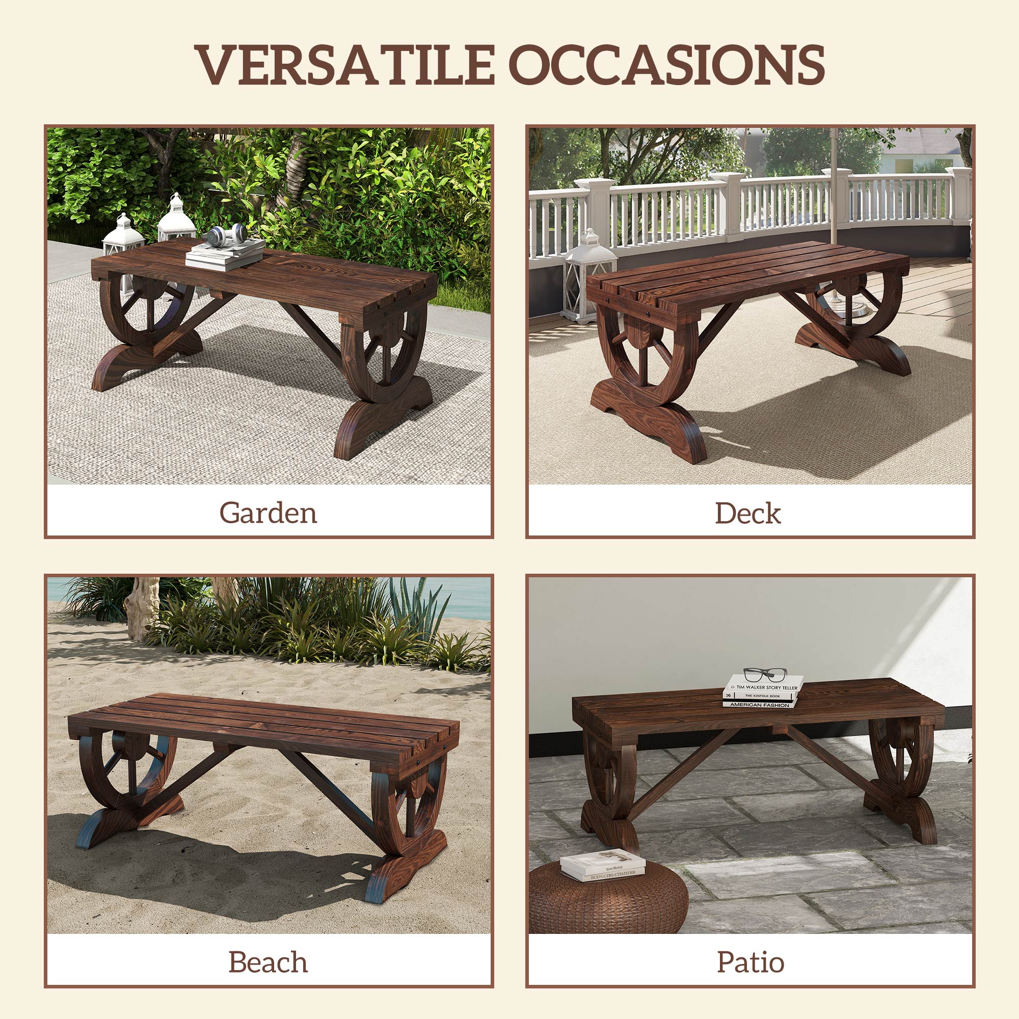 2-Person Wooden Garden Bench, Outdoor Wagon Wheel Porch Bench for Backyard Garden, Support 550 LBS, Rustic Country Style Patio Furniture