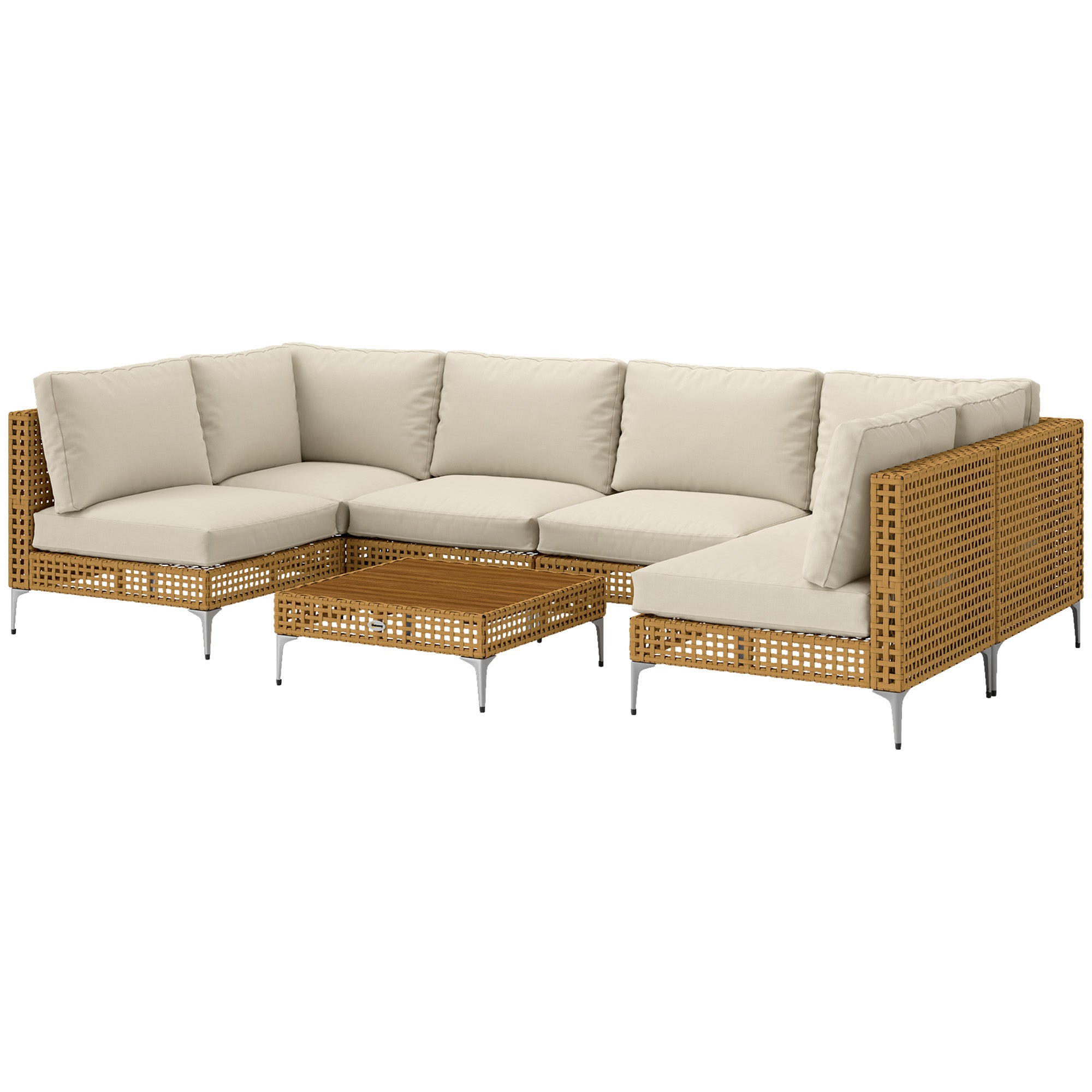 7 Piece Wicker Patio Furniture Set, Modular Outdoor Sectional with Thickened Cushions, Acacia Wood Table