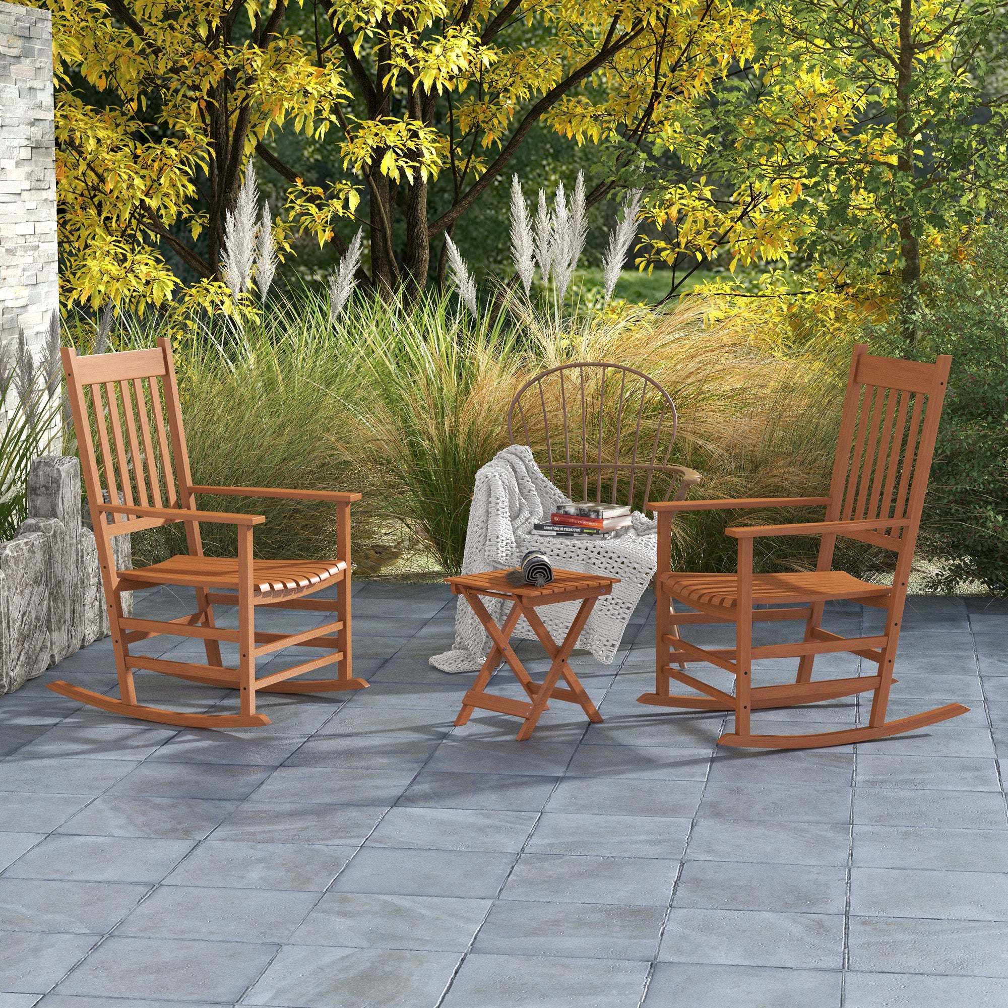 Outdoor Rocking Chair Set of 2 with Side Table, Patio Wooden Rocking Chair with Smooth Armrests, High Back for Garden, Balcony, Porch, Supports Up to 352 lbs.