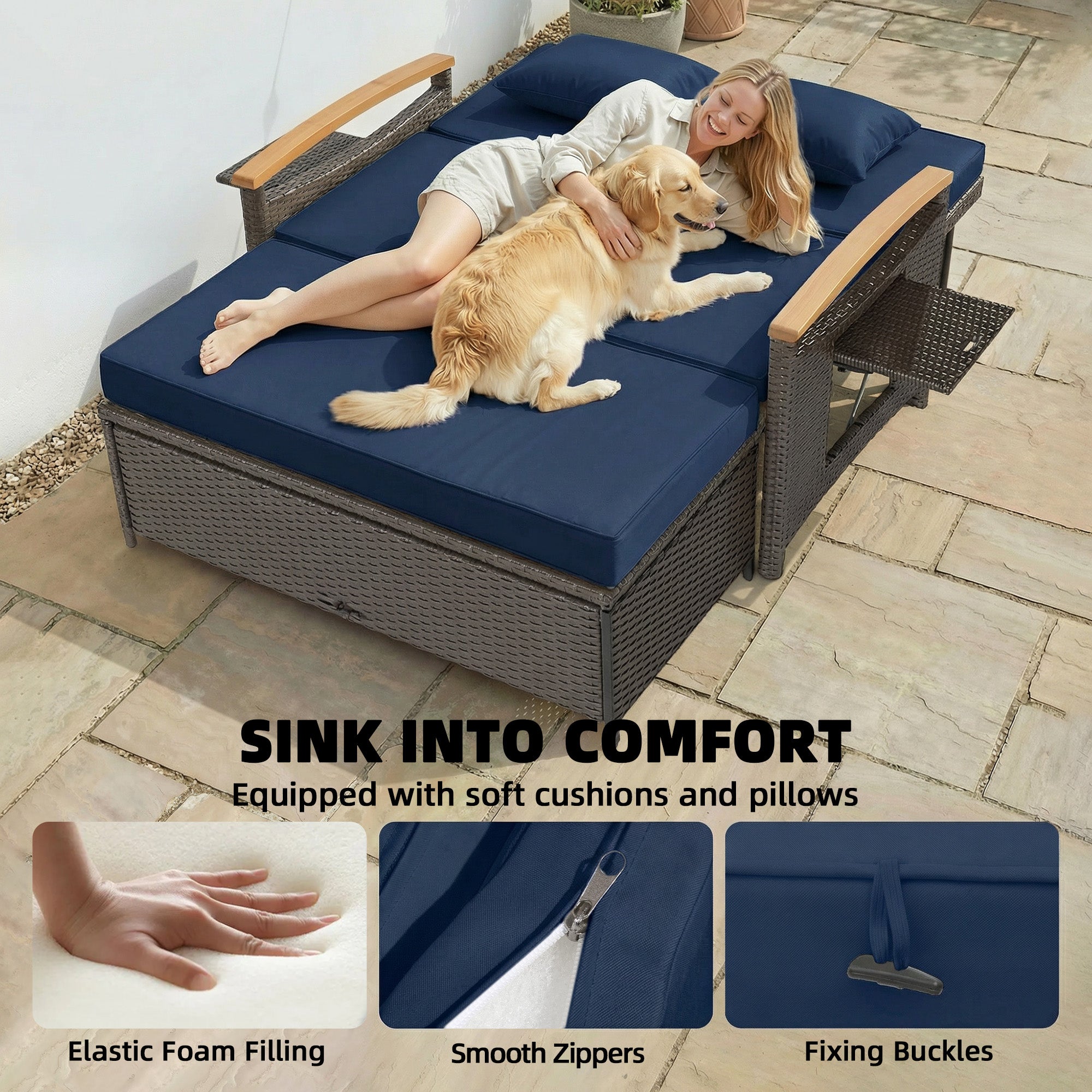 Rattan Outdoor Daybed w/4-Level Adjustable Backrest, Patio Sofa Bed w/Storage Ottoman, Acacia Wood Armrest