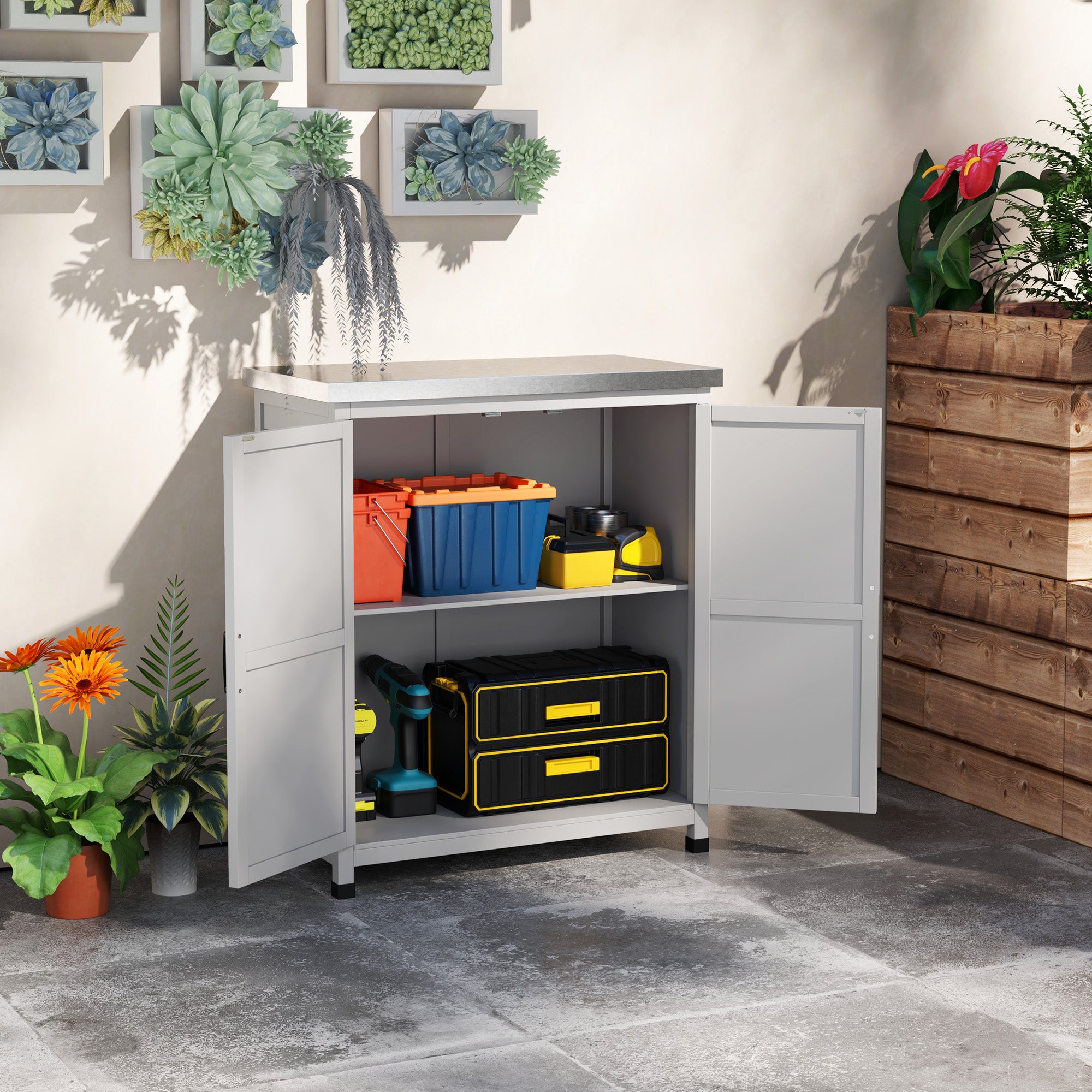 Wooden Storage Cabinet, Outdoor Prep Table with Metal Tabletop, Shelves and Double Doors for Patio, Garden