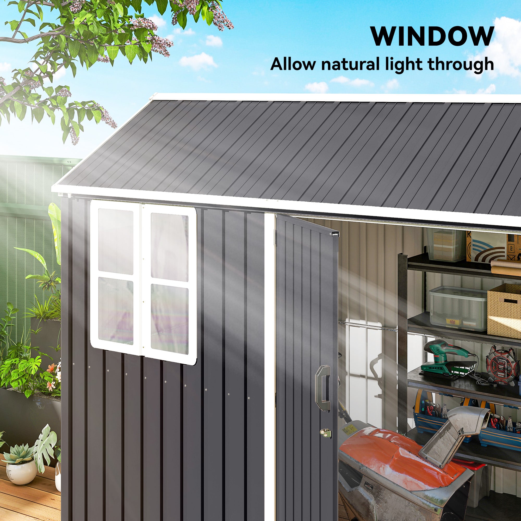 8' x 5.5' Metal Garden Storage Shed, Extra Large Outdoor Tool Storage House w/Lockable Doors, Window, Air Vents