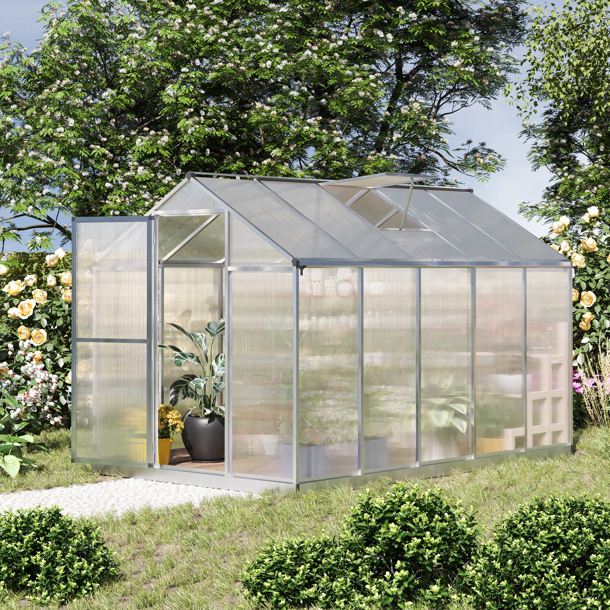 6' L x 6' W Walk-In Polycarbonate Greenhouse with Roof Vent for Ventilation & Rain Gutter for Winter
