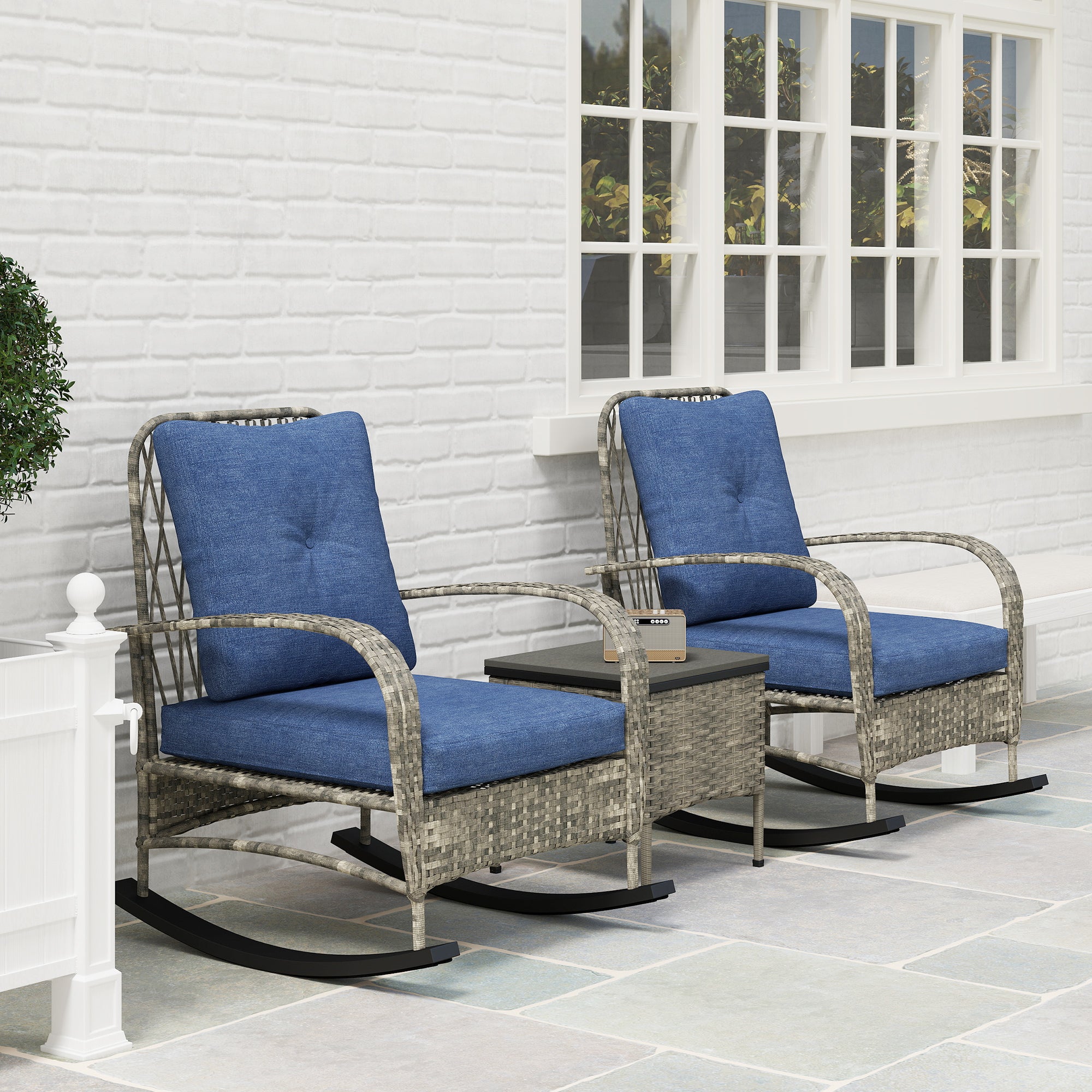 3 Piece Wicker Patio Furniture Set, Outdoor PE Rattan Rocking Chairs with Coffee Table, Cushions for Porch