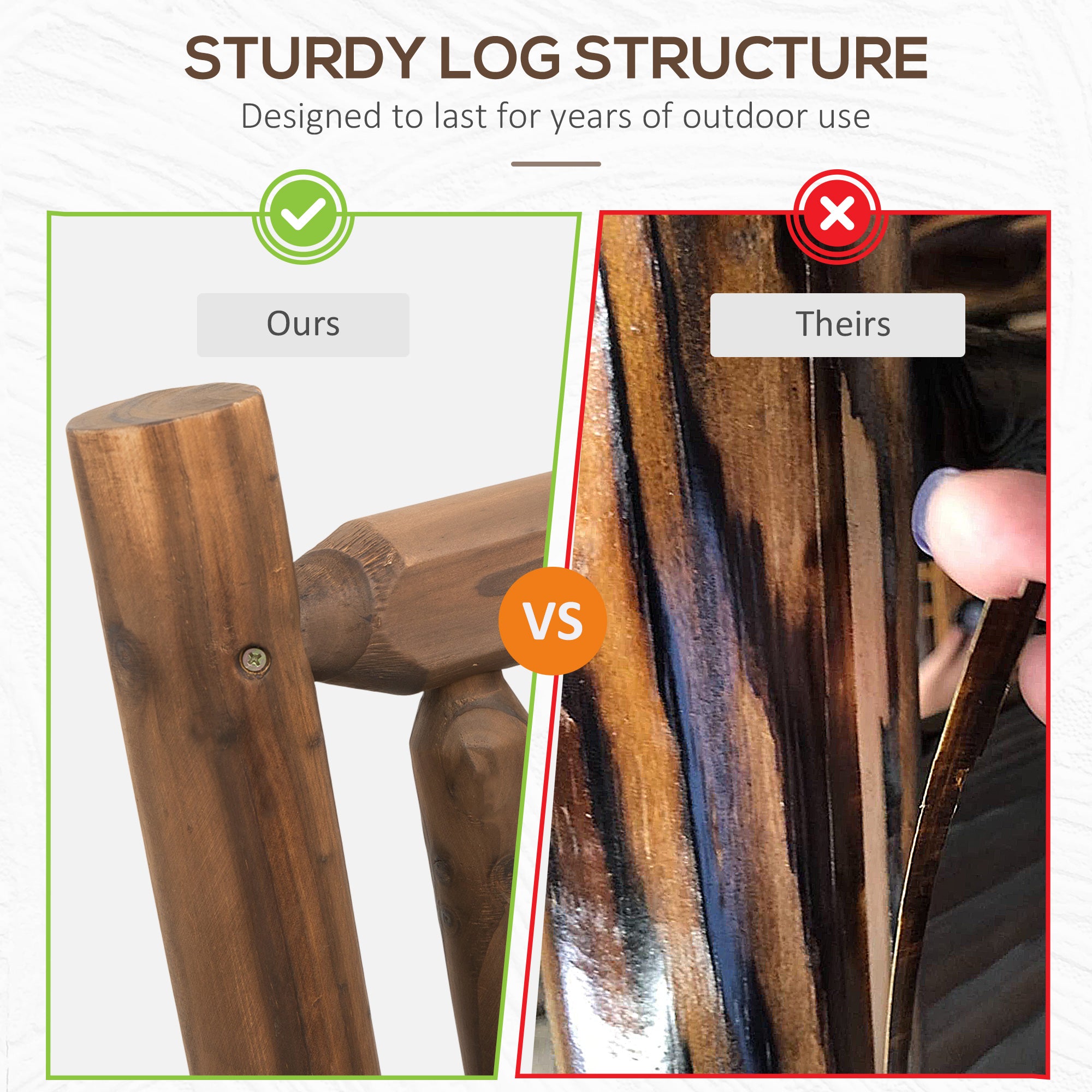 2-Person Wood Rocking Chair with Log Design, Heavy Duty Loveseat with Wide Curved Seats for Patio, Backyard, Garden