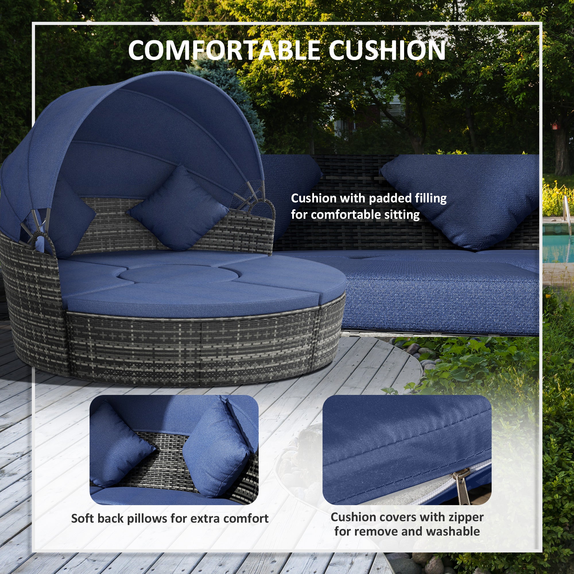 4-Piece Round Convertible Daybed with Cushions, Outdoor PE Rattan Patio Wicker Sofa Set, Sunbed with Adjustable Sun Canopy, Sectional Sofa, 2 Chairs, Table, 3 Pillows