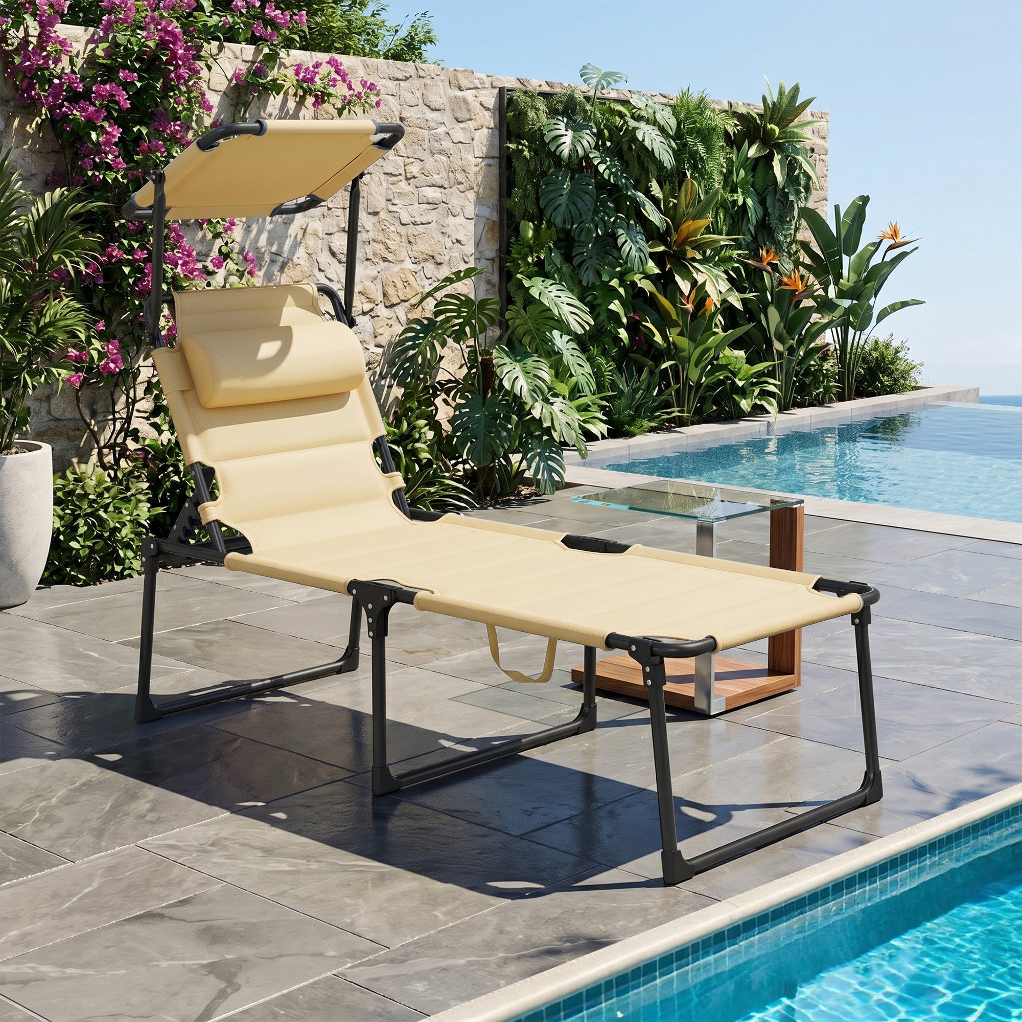 Outdoor Lounge Chair, 4 Position Adjustable Backrest, Folding, Cushioned w/ Sun Shade Roof & Pillow