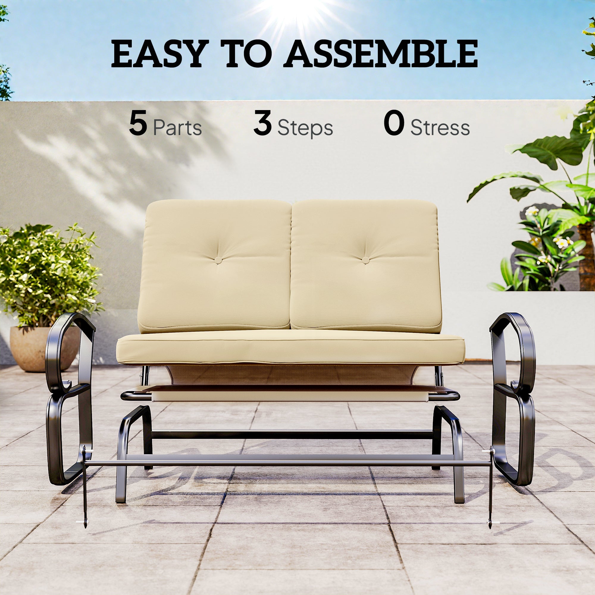 Outdoor Glider Bench, 2-Person Patio Rocker Loveseat with Tufted Cushions, Steel Frame for Porch, Garden Backyard, Beige