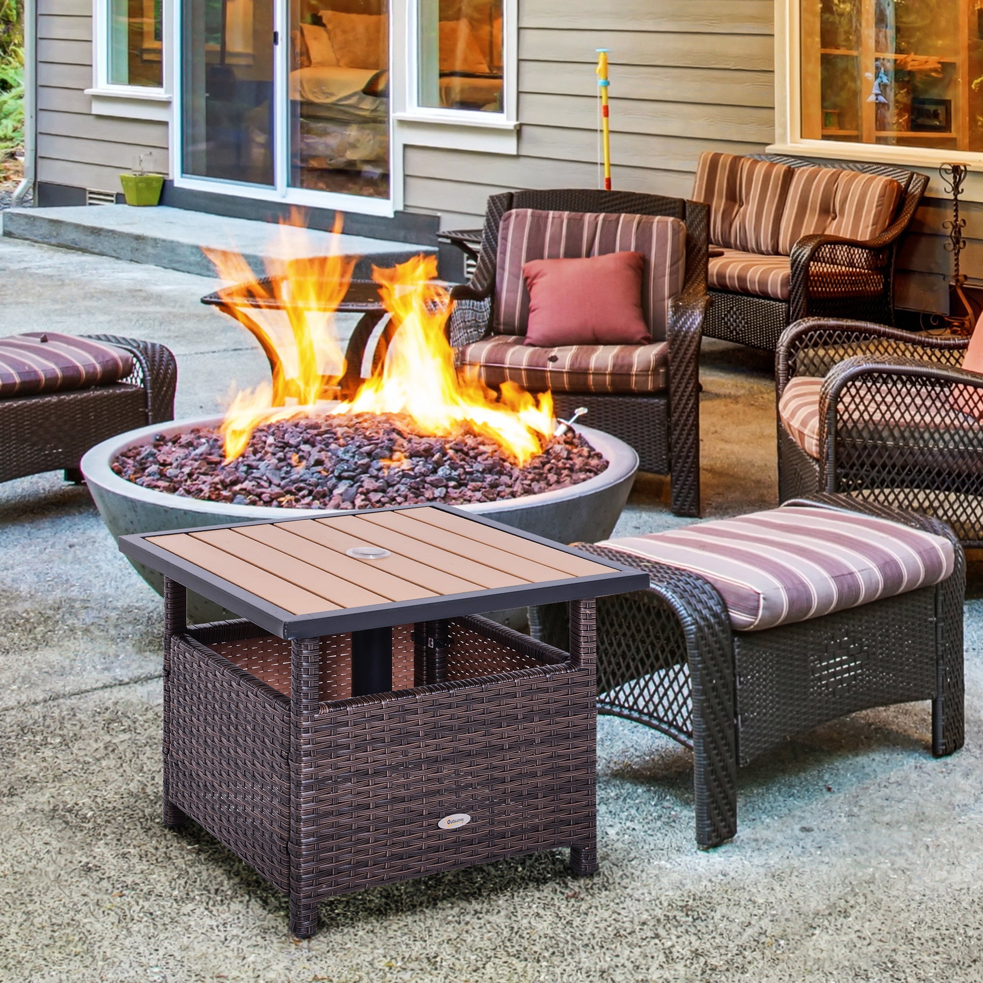 22" Outdoor Side Table with Umbrella Hole, Rattan Wicker End Table with Sand Bag and Steel Frame for Patio, Garden, Backyard
