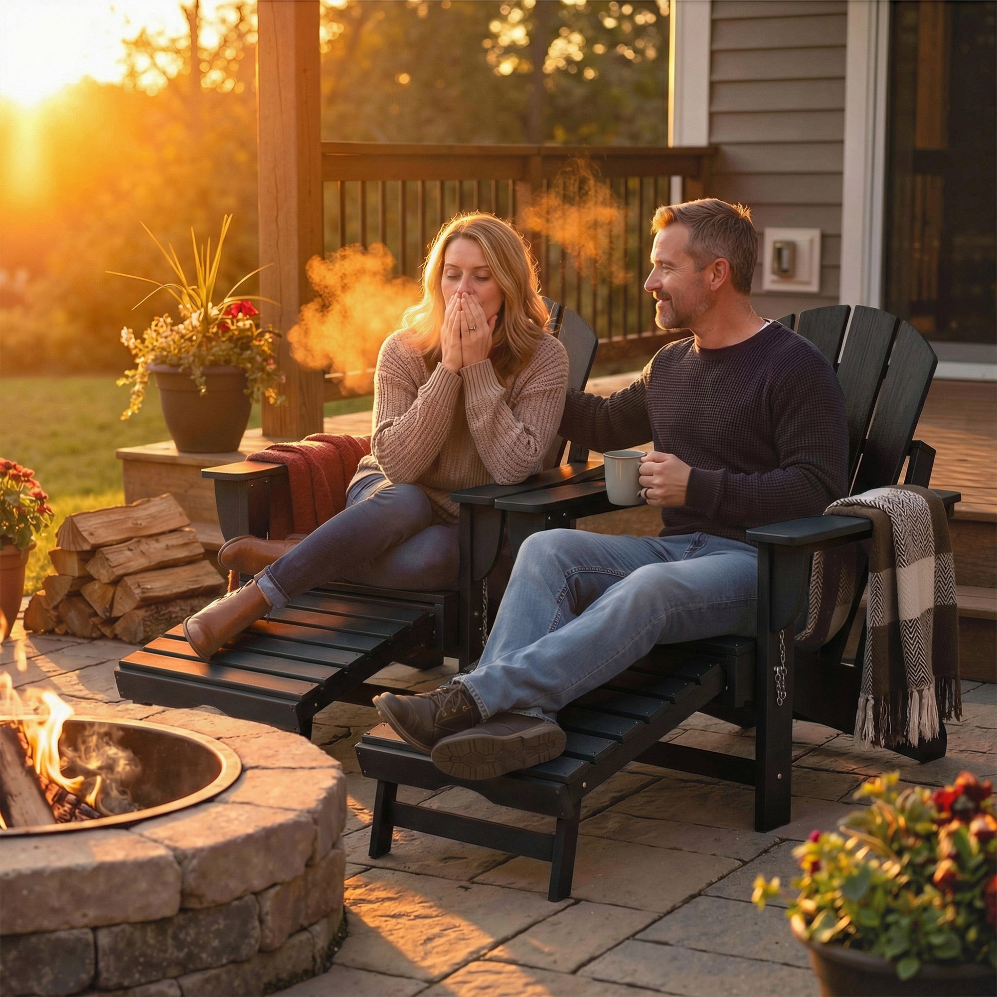 Folding Adirondack Chair Set of 2, HDPE Fire Pit Chair with Retractable Ottoman and Cup Holder