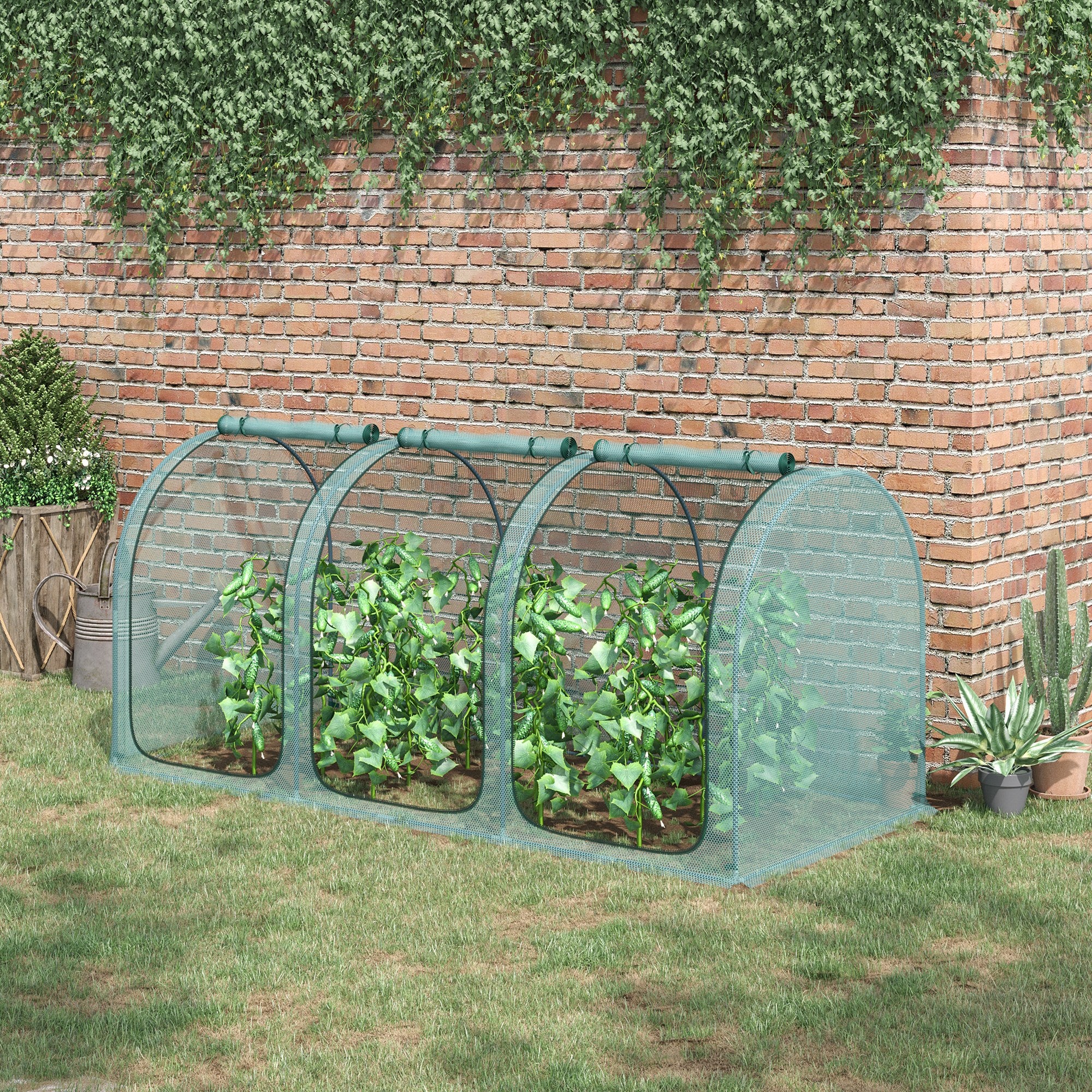 9' x 4' Crop Cage, Plant Protection Tent with Three Zippered Doors, Steel Frame, Storage Bag and 4 Ground Stakes, for Garden, Yard, Lawn
