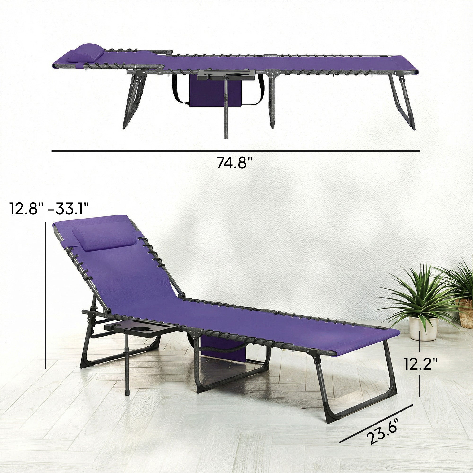 Folding Outdoor Chaise Lounge Chair Tanning Chair with 5-Level Adjustable Back, Side Table, Pillow, Pocket