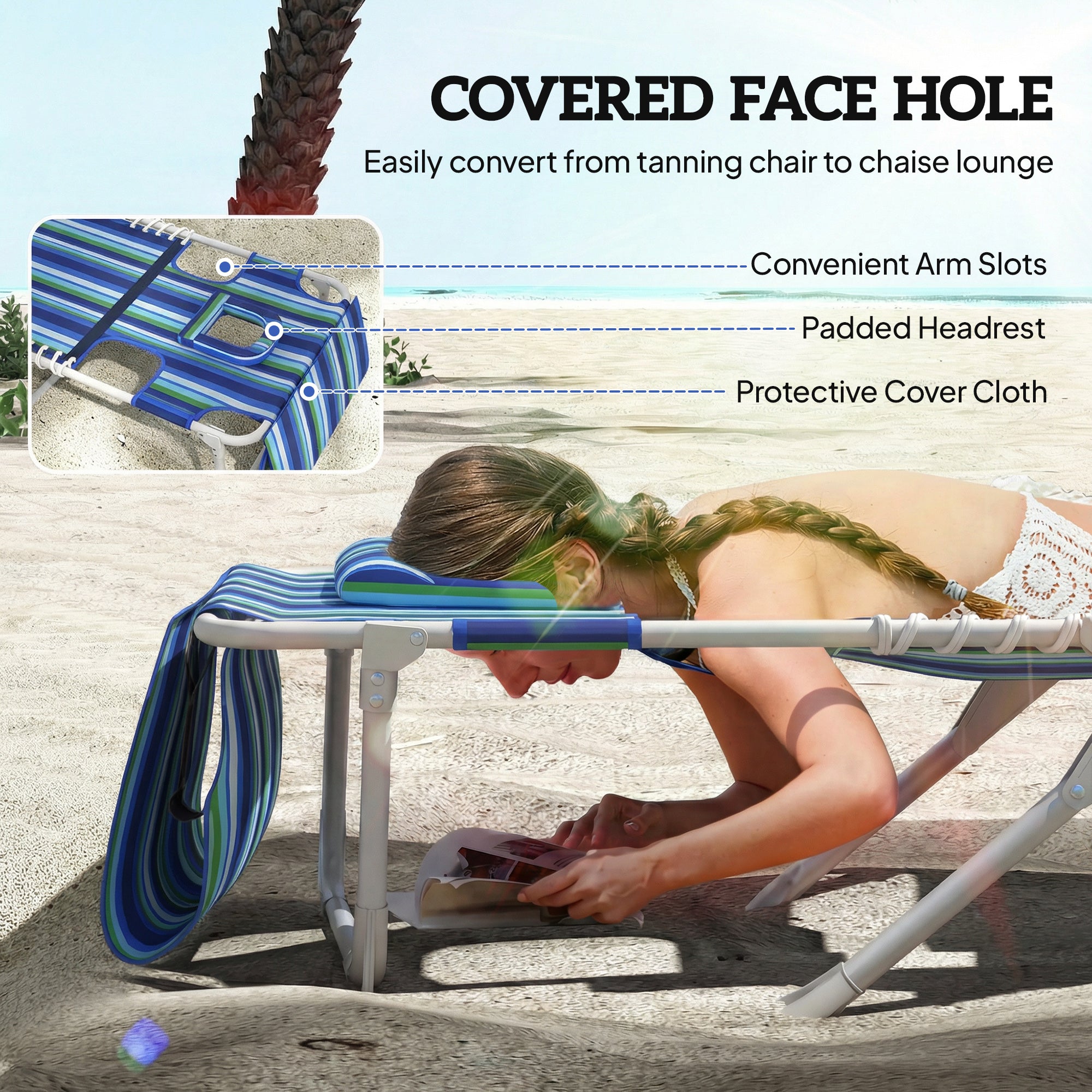 Tanning Chair with Face Hole and Side Table, 5-Position Folding Outdoor Chaise Lounge Chair