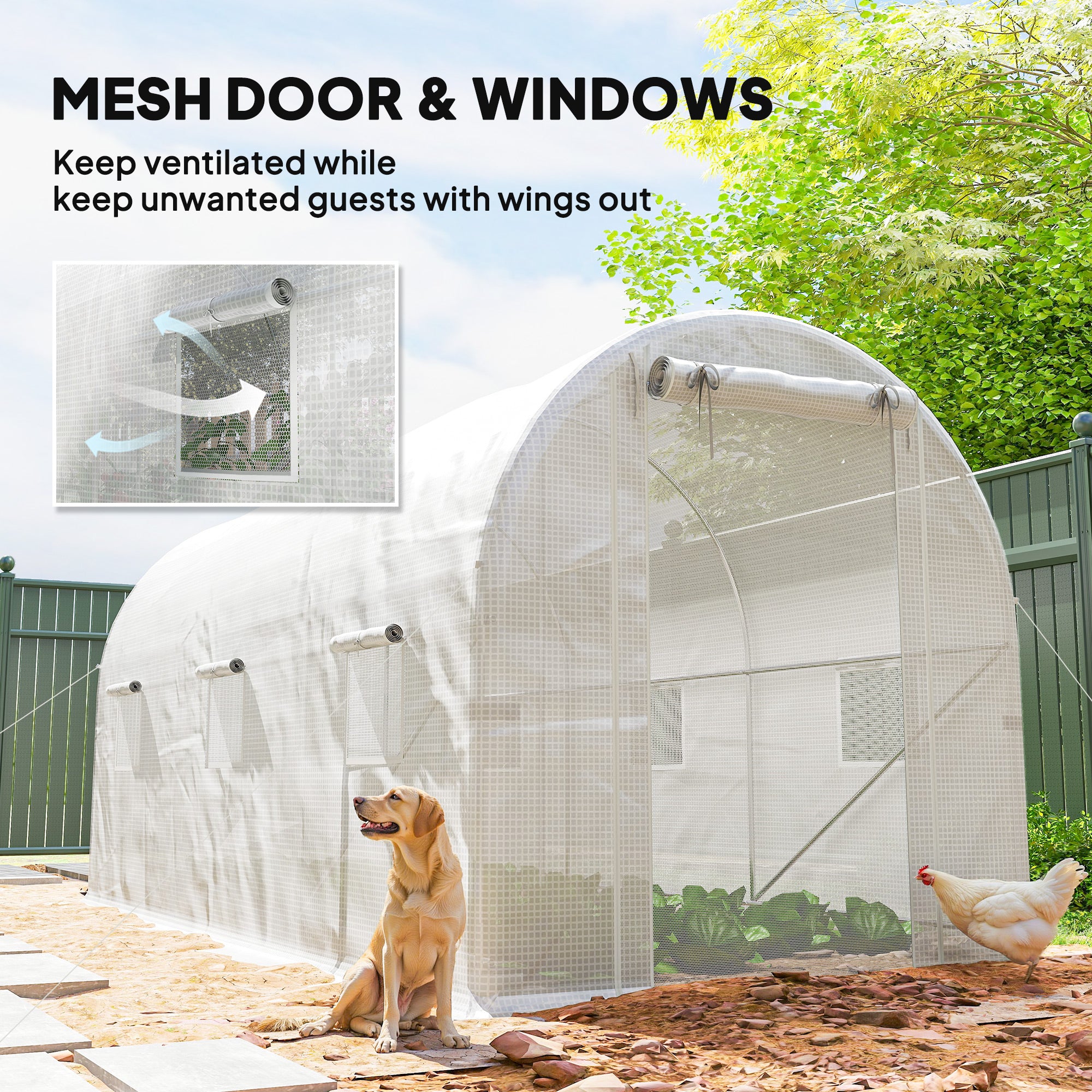 Hoop House Greenhouse, Walk-in Tunnel Greenhouse with 2 Support Rods, Zippered Roll-up Mesh Door, 14.6'x6.5'x6.6'