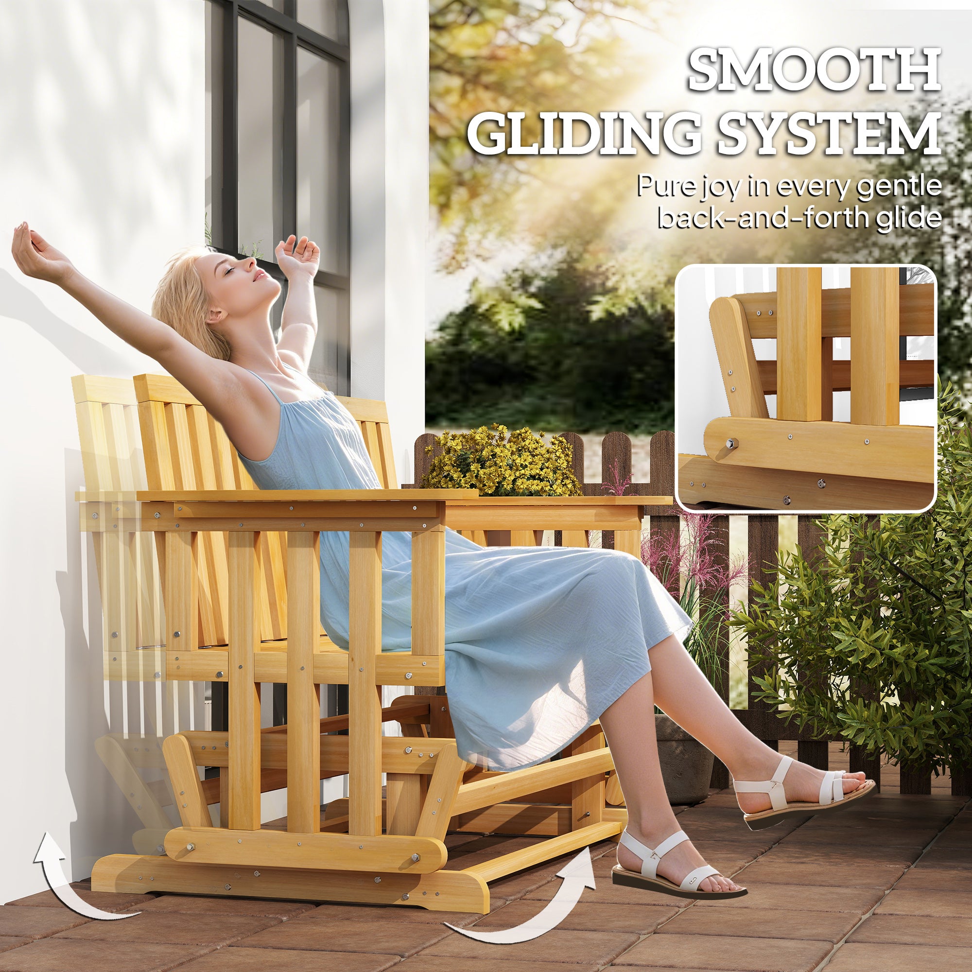 2-Person Patio Swing Glider Bench with Quick Drying Design and Wide Armrest, Wood Rocking Chair Loveseat for Backyard Garden Porch