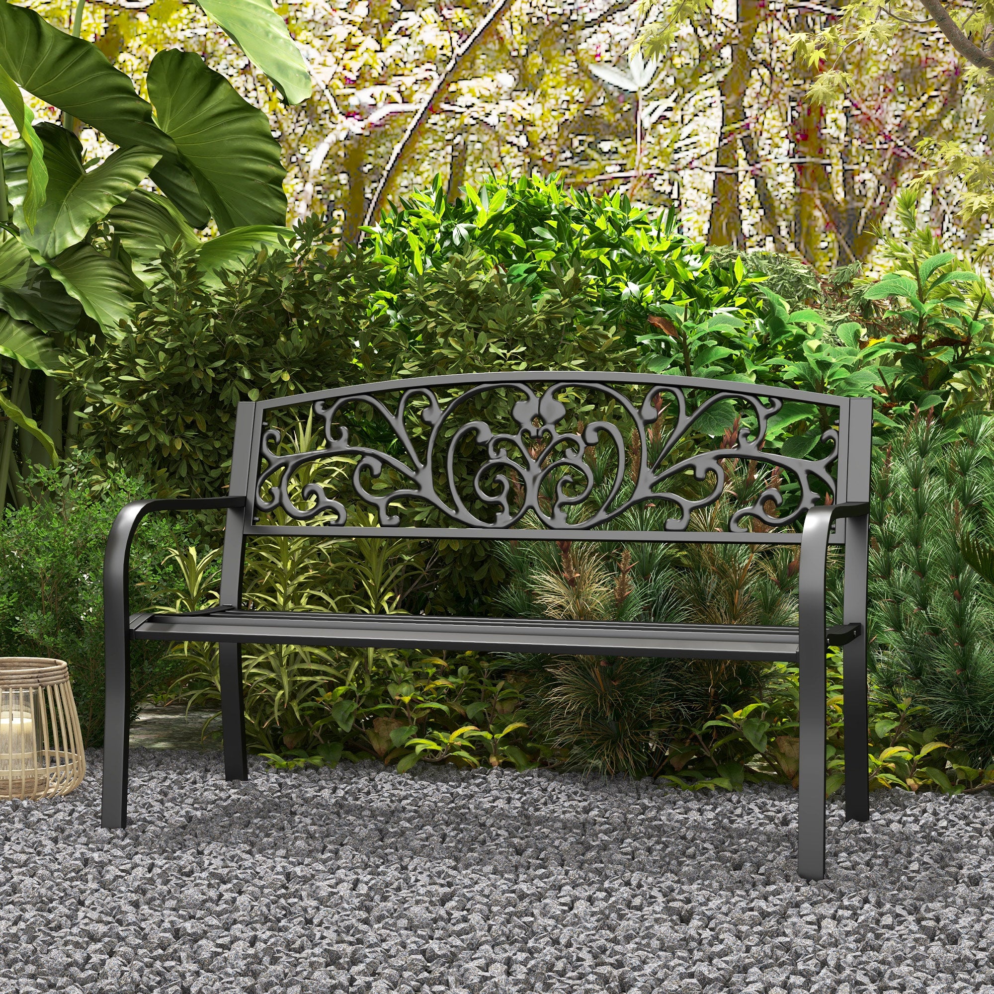 50" Outdoor Bench, Metal Garden Bench with Floral Pattern Backrest, Porch Bench with Slatted Seat for Park, Yard, Lawn, Black