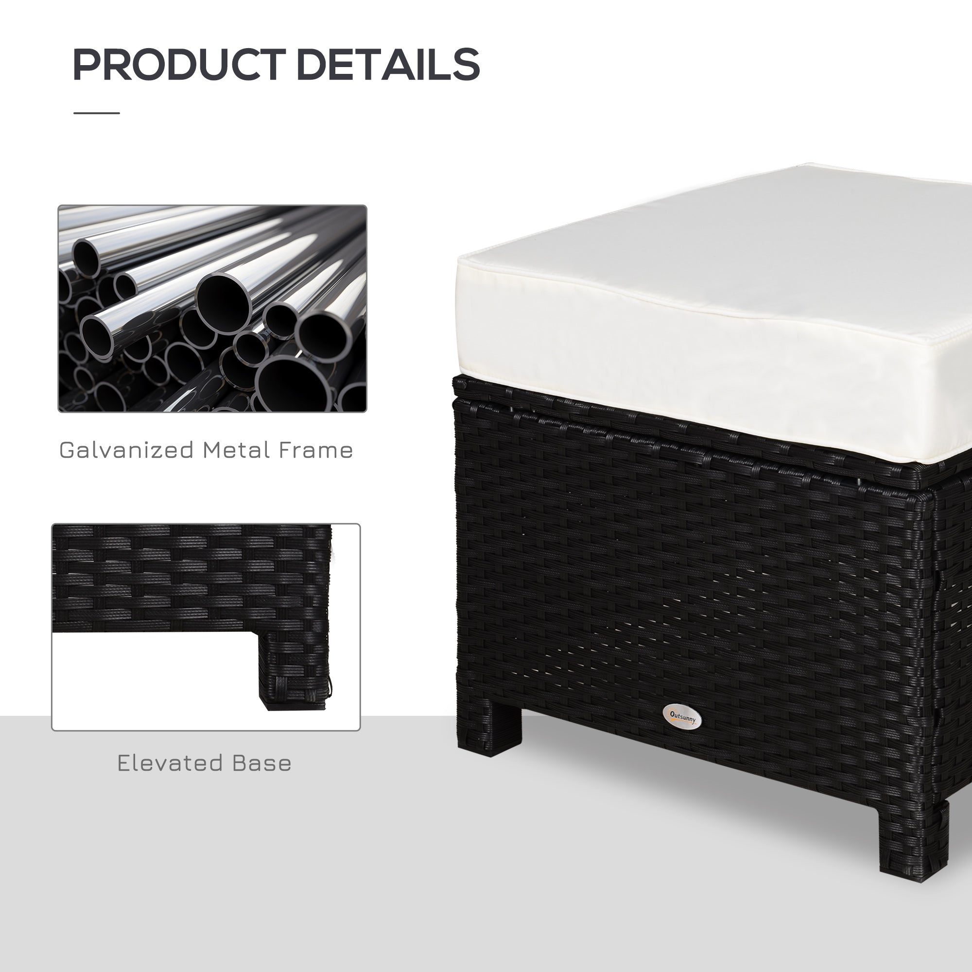 20" Patio Wicker Ottoman, Multipurpose Outdoor PE Rattan Footrest, Additional Seating, Side Table with Soft Cushion, Black, Cream White