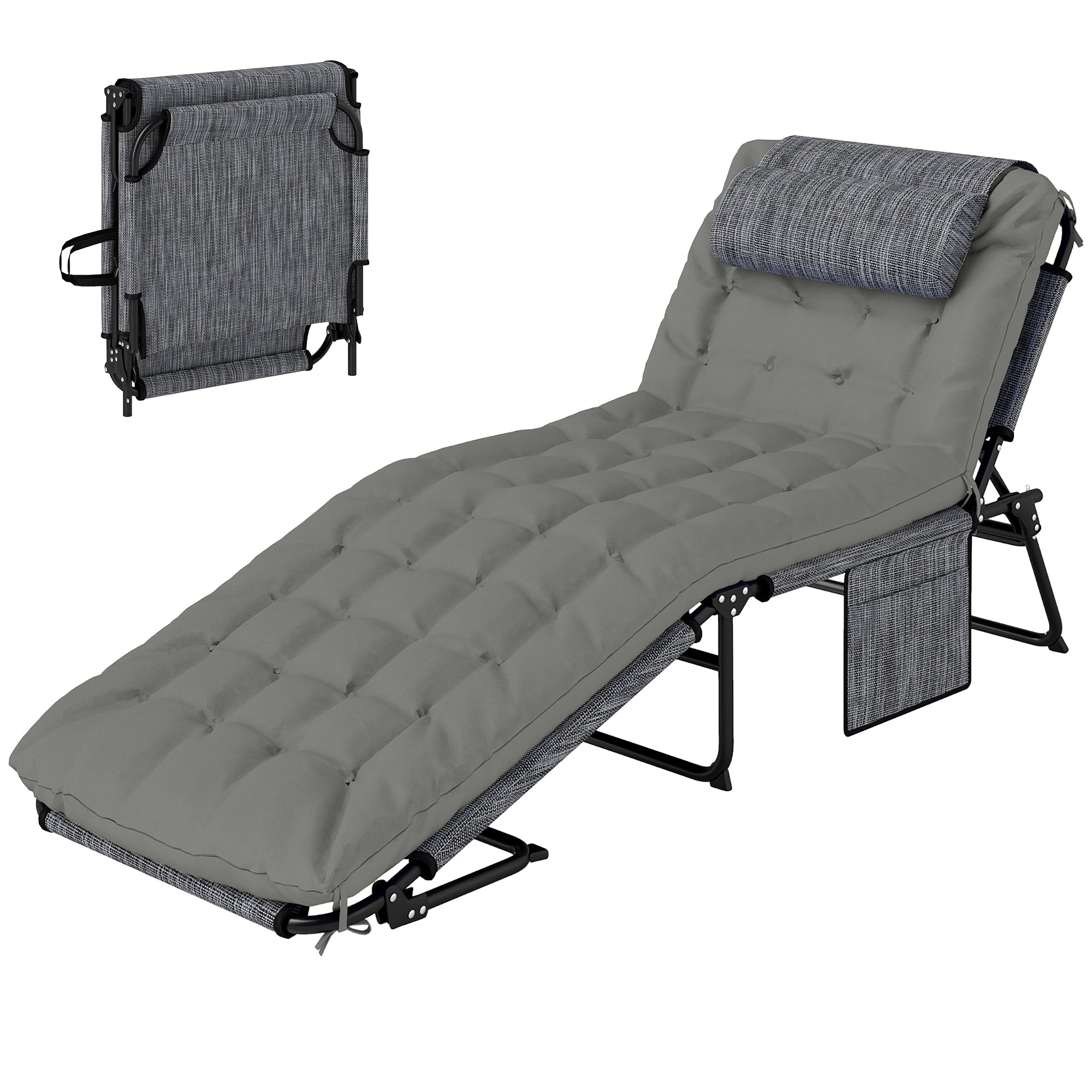 Folding Chaise Lounge Pool Chair with 4-level Reclining Back, Cushion, Side Pocket, Headrest