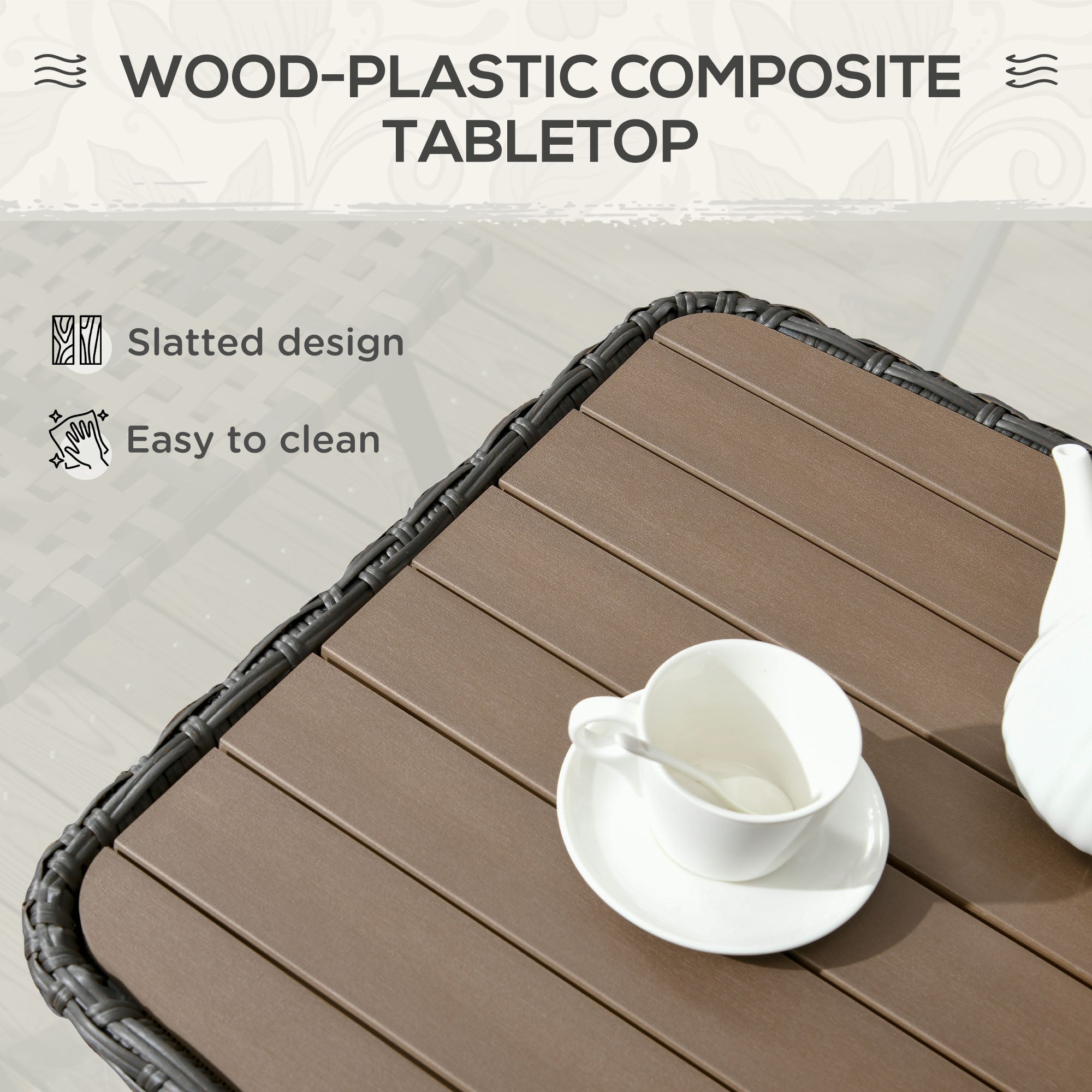 Outdoor Patio PE Rattan Coffee Table with Storage Shelf, Wicker Side Table with Wood-Plastic Composite Top, Mixed Brown