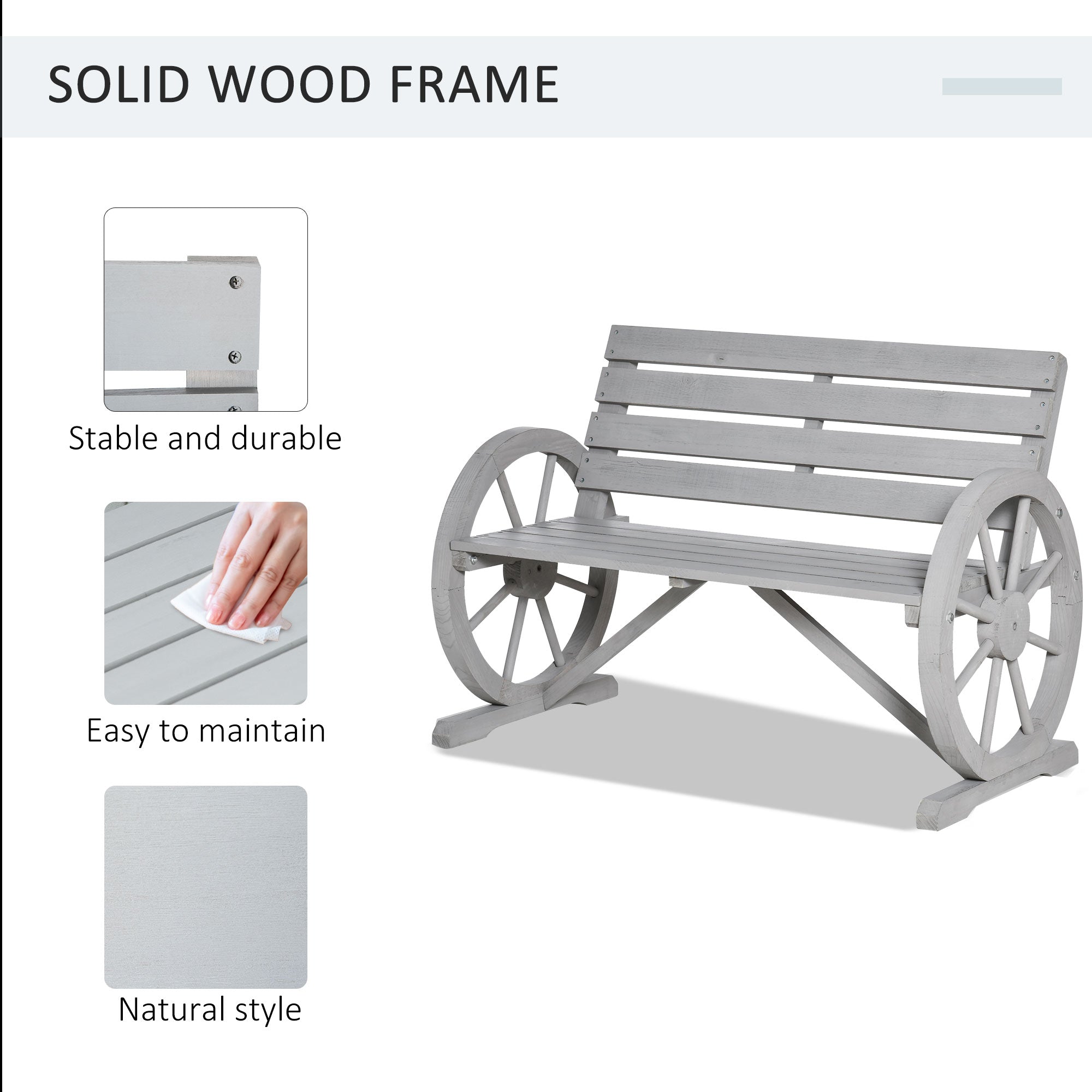 41" Wooden Wagon Wheel Bench, Rustic Outdoor Patio Bench Weather Resistance Furniture, 2-Person Slatted Seat with Backrest