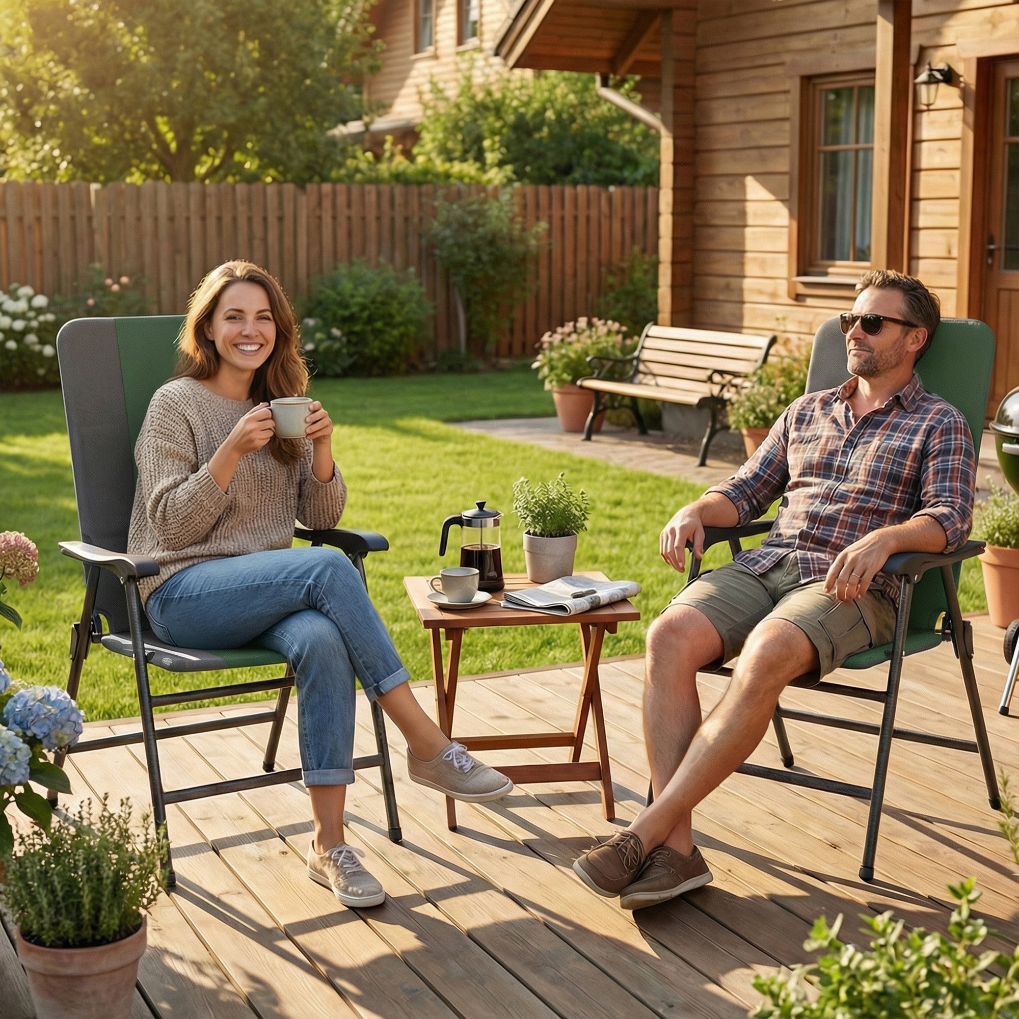 Folding Patio Chairs Set of 2, Padded High Back Lawn Camping Chairs with Armrests, 600D Oxford Fabric