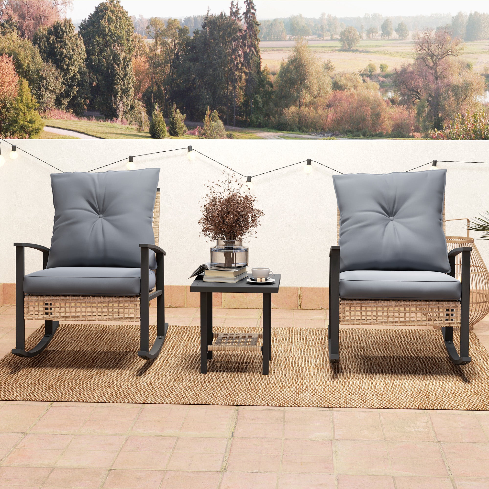 3 Pieces Bistro Set, Patio Wicker Furniture Set with Button Tufted Cushions, Rattan Rocking Chairs, Coffee Table
