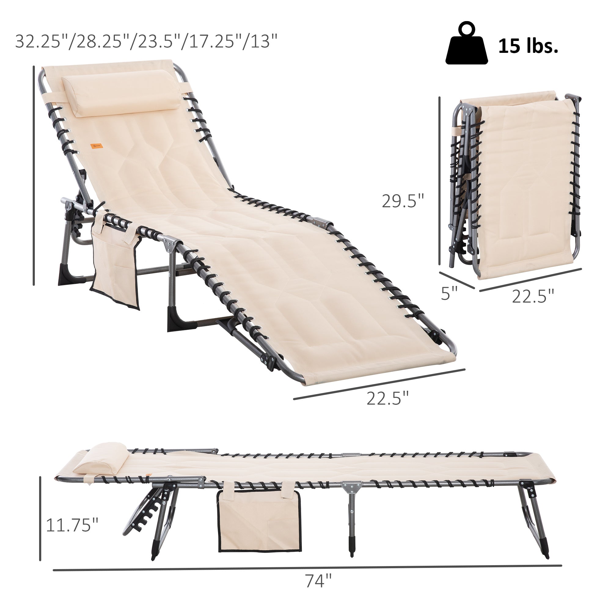 Padded Folding Chaise Lounge Chair, Outdoor 6-Level Reclining Camping Tanning Chair with Headrest for Beach, Yard, Patio, Pool