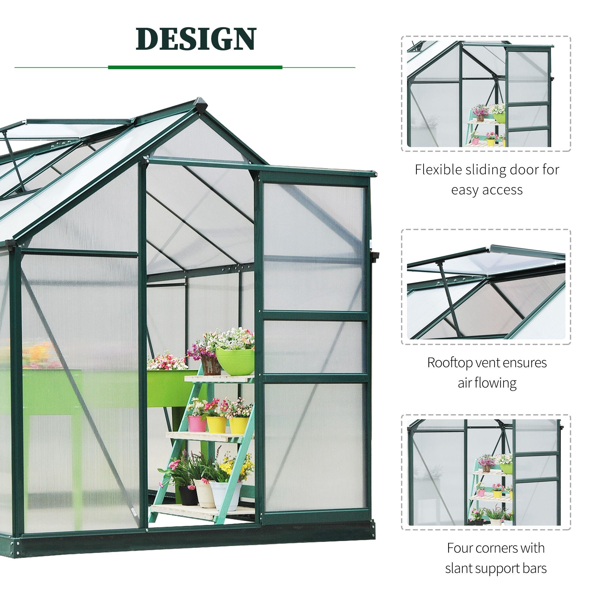 6' x 8' Outdoor Greenhouse with Rain Gutter and Roof Vent for Patio Backyard Dark Green