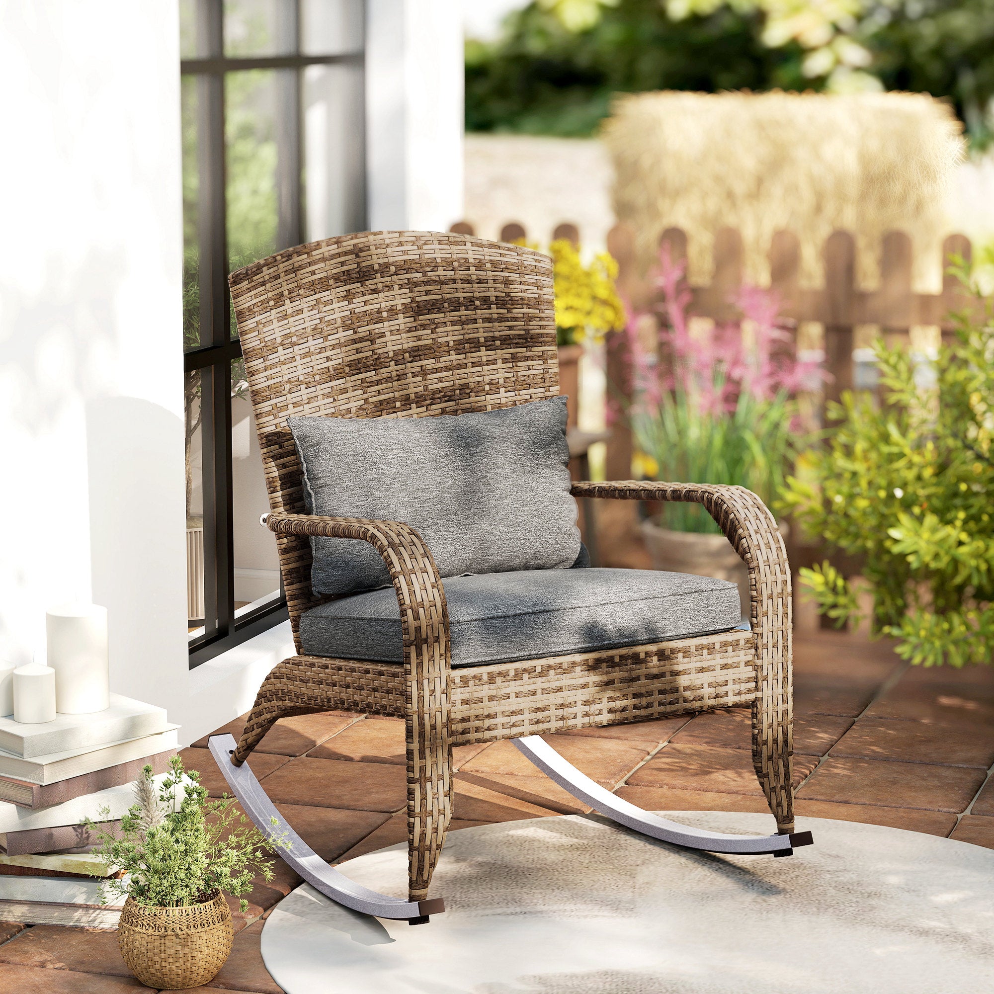 Adirondack Chair, Outdoor Wicker Rocking Chair with High Back, Seat Cushion, and Pillow for Porch, Balcony