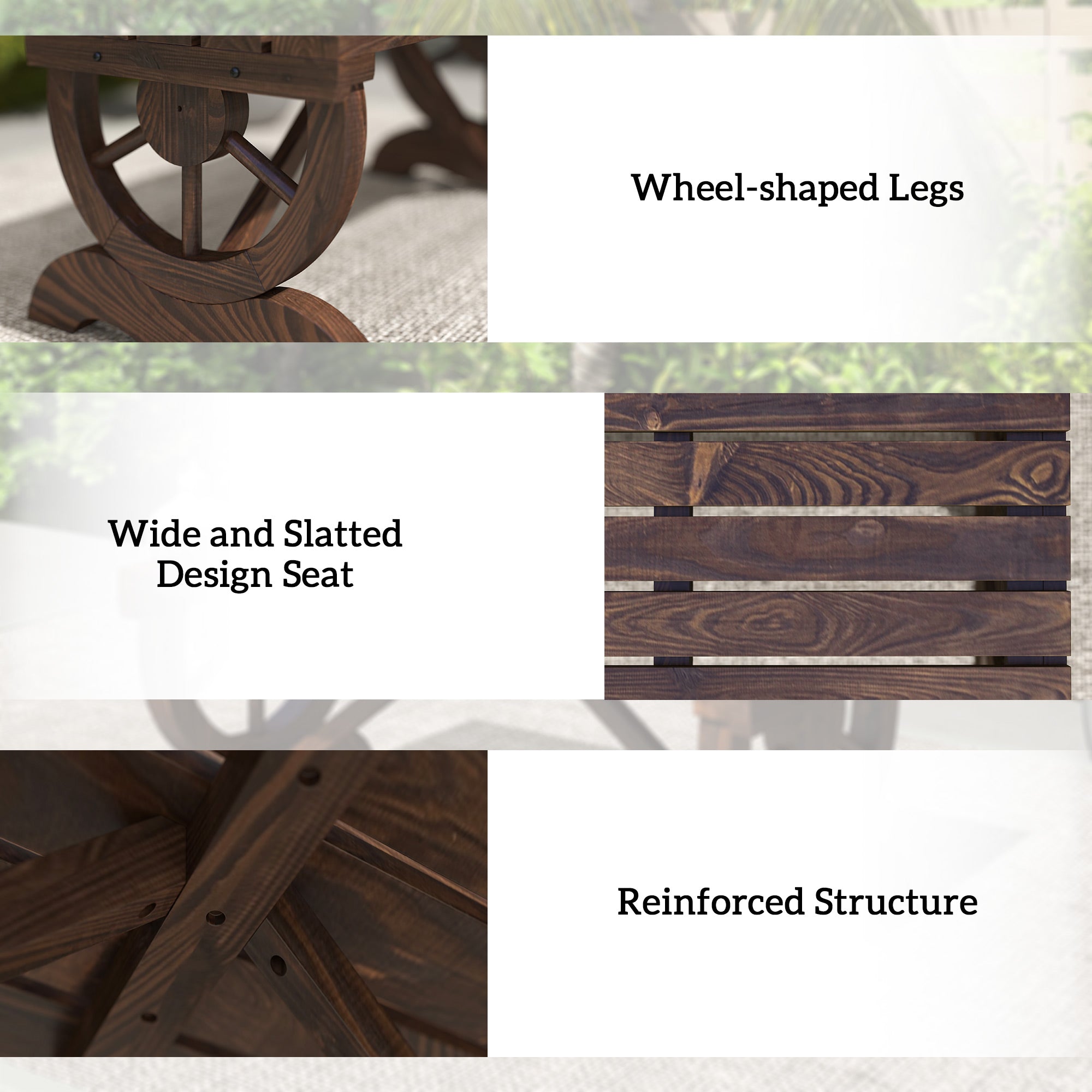 2-Person Wooden Garden Bench, Outdoor Wagon Wheel Porch Bench for Backyard Garden, Support 550 LBS, Rustic Country Style Patio Furniture