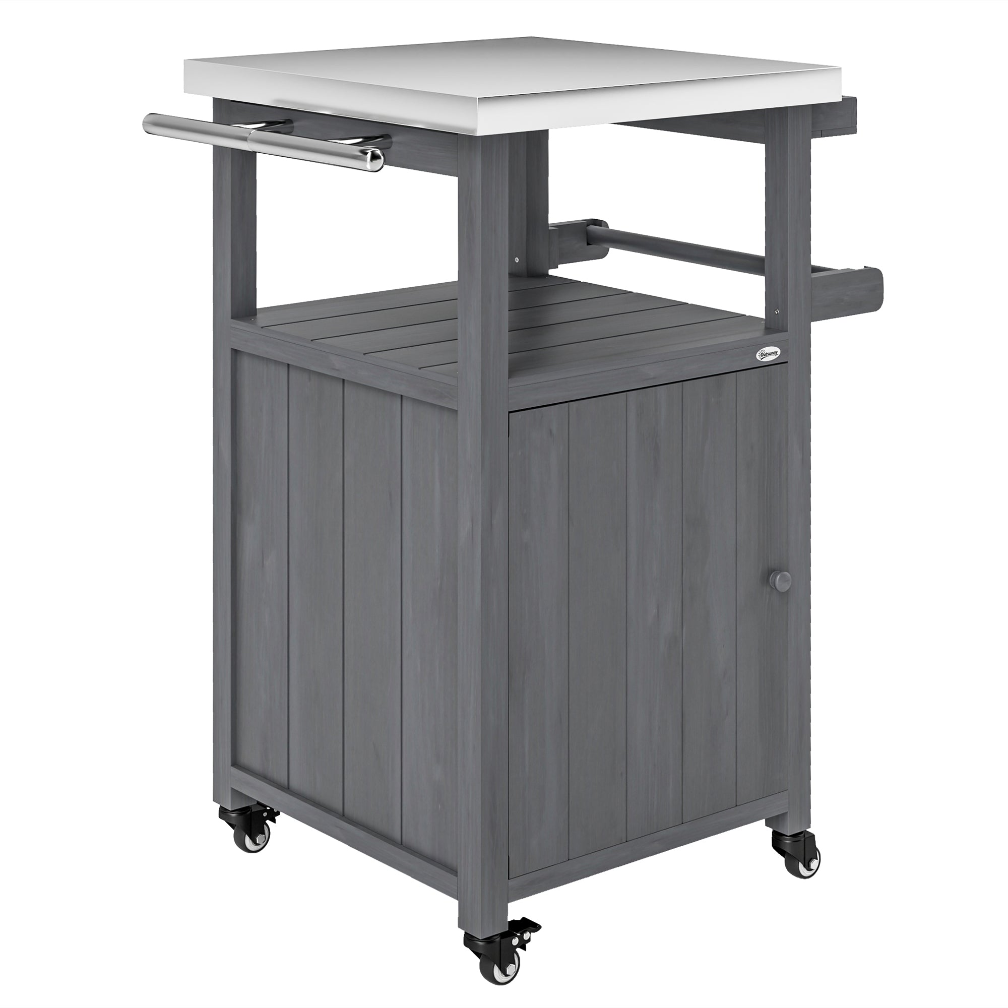 Outdoor Grill Cart w/ Stainless Steel Top, Solid Wood Outdoor Kitchen Island w/ Wheels, Integrated Hole