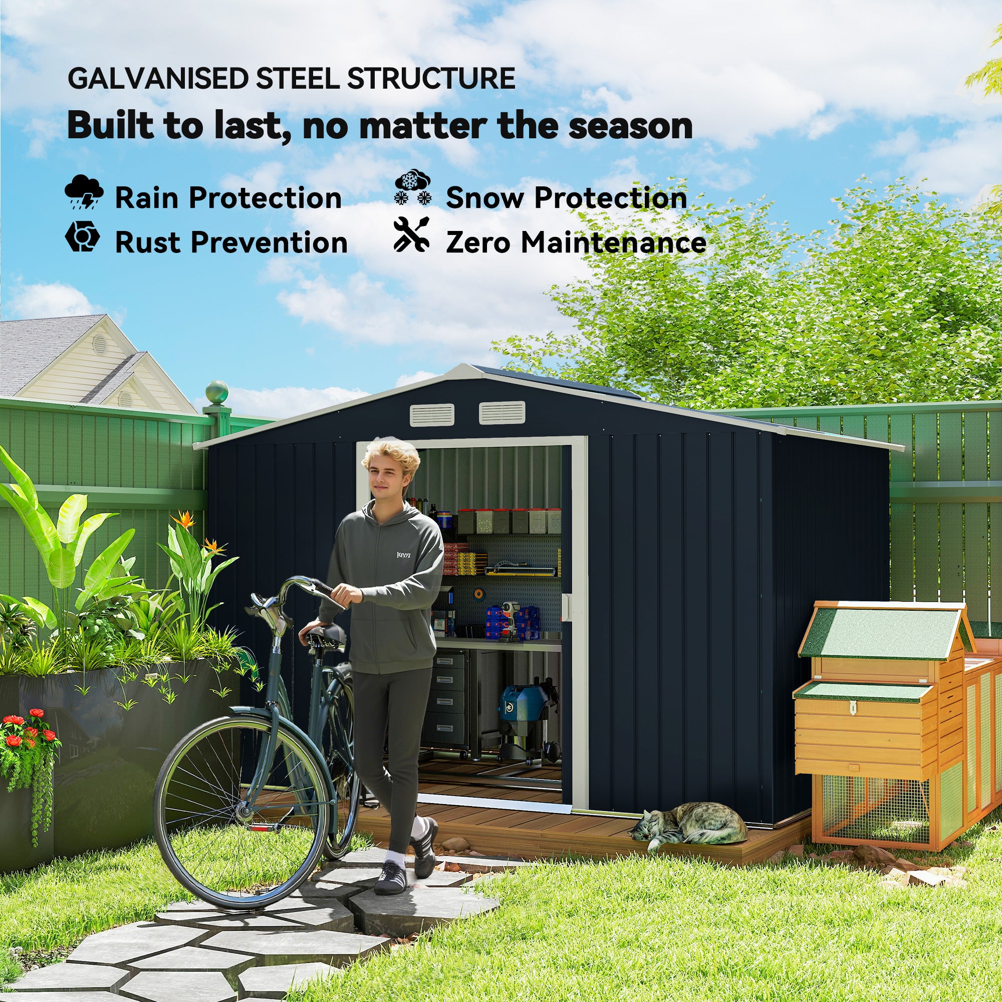 9' x 6' Outdoor Storage Shed, Garden Tool Metal Shed with Foundation Kit, Double Lockable Door, Air Vents and Sloping Roof, for Backyard, Patio, Lawn