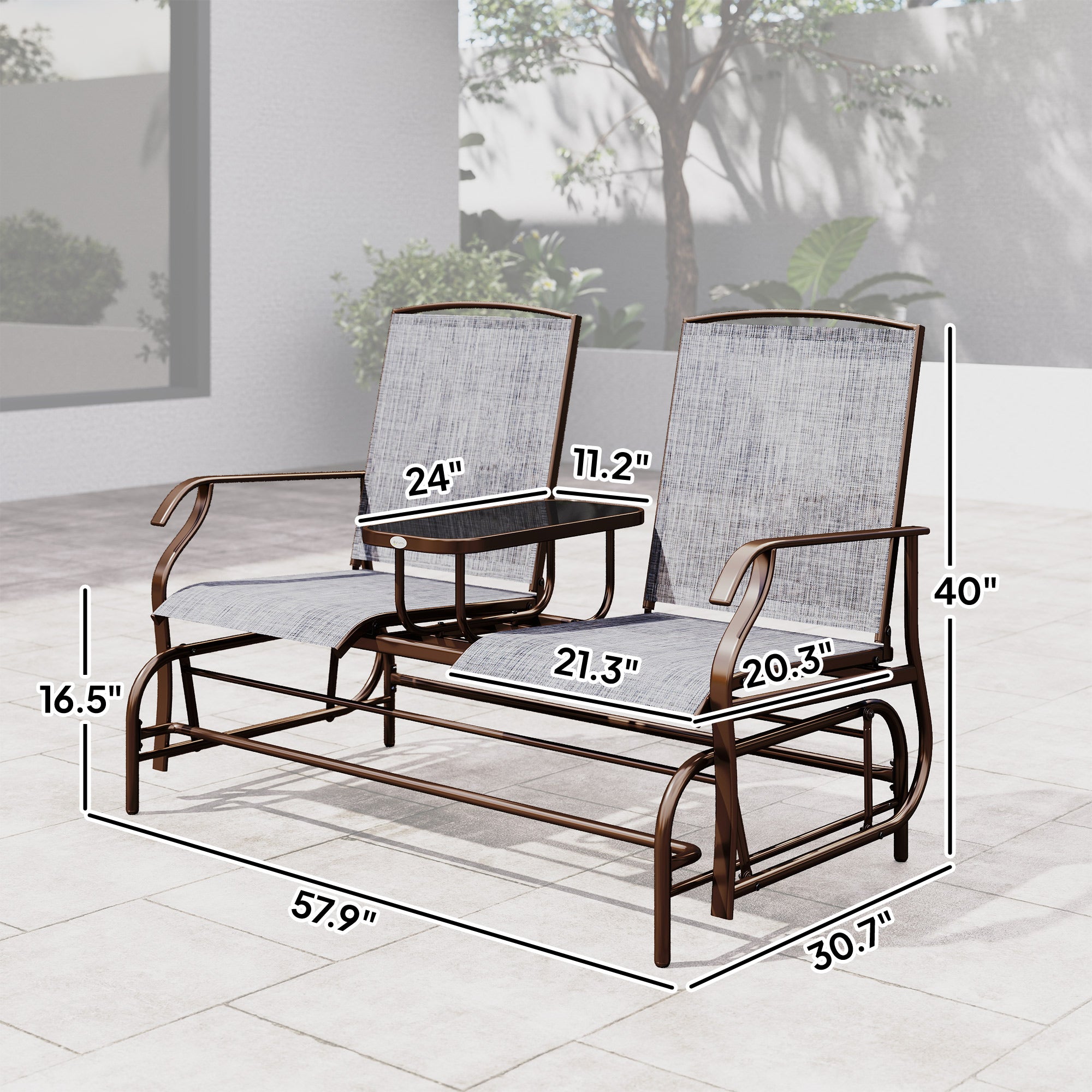 2-Seat Outdoor Glider Swing, Center Coffee Table and Independent Chairs, Supports Up to 352 lbs., Loveseat with Breathable Sling for Backyard, Garden, and Porch