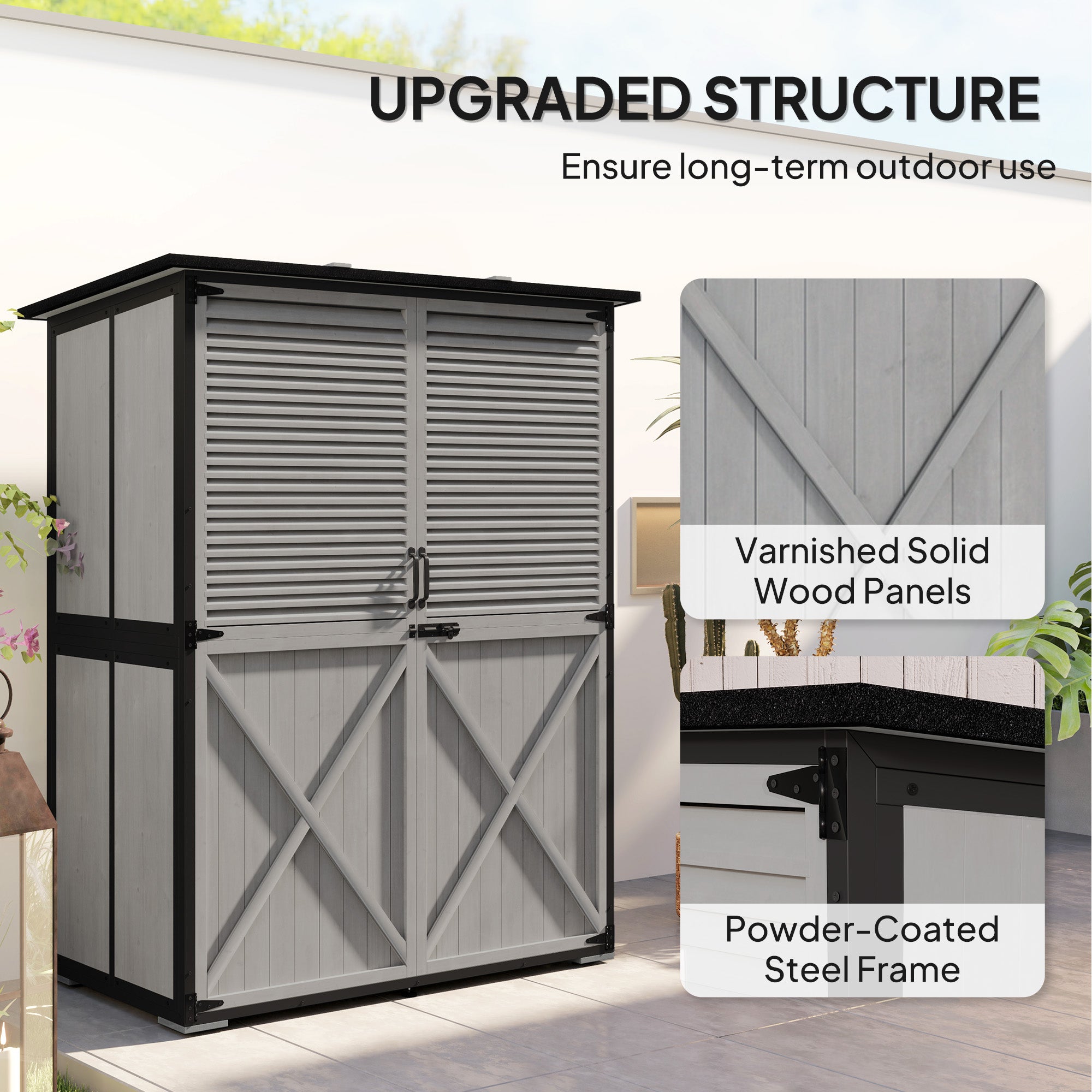 Wood Storage Shed, Outdoor Garden Shed with Asphalt Roof, 2 Shelves, Lockable Doors and Adjustable Feet